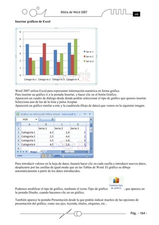 Insertar gráficos de Excel




Word 2007 utiliza Excel para representar información numérica en forma gráfica.
Para insertar un gráfico ir a la pestaña Insertar, y hacer clic en el botón Gráfico.
Aparecerá un cuadro de diálogo desde donde podrás seleccionar el tipo de gráfico que quieres insertar.
Selecciona uno de los de la lista y pulsa Aceptar.
Aparecerá un gráfico similar a este y la cuadrícula (Hoja de datos) que vemos en la siguiente imagen.




Para introducir valores en la hoja de datos, bastará hacer clic en cada casilla e introducir nuevos datos,
desplazarse por las casillas de igual modo que en las Tablas de Word. El gráfico se dibuja
automáticamente a partir de los datos introducidos.




Podemos modificar el tipo de gráfico, mediante el icono Tipo de gráfico                , que aparece en
la pestaña Diseño, cuando hacemos clic en un gráfico.

También aparece la pestaña Presentación desde la que podrás indicar muchos de las opciones de
presentación del gráfico, como sus ejes, leyenda, títulos, etiquetas, etc...
 