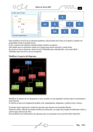 Para modificar el texto de un elemento podemos seleccionarlo de la lista en el panel y cambiar sus
propiedades desde la pestaña Inicio.
Como veremos más adelante también podrás cambiar su aspecto.
Para añadir nuevos elementos sitúate en el lugar queq uieras insertarlo y pulsa Enter.
Se creará un nuevo elemento, utiliza la tecla Tabulador para subordinarlo, o las teclas Shift +
Tabulador para moverlo a un nivel superior.

Modificar el aspecto del diagrama




Modificar el aspecto de tus diagramas es muy sencillo, en este apartado veremos todo lo relacionado a
cómo hacerlo.
Si utilizas un poco de imaginación podrás crear organigramas, diagramas y gráficos muy vistosos.

En primer lugar seguiremos viendo las opciones que tenemos en la pestaña Diseño.
SmartArt ofrece, además de muchas formas de estructuras, un rango muy amplio de diferentes estilos y
colores para cada una de ellas.
Para modificar esto utilizaremos las opciones que se encuentran en la sección Estilos SmartArt:
 