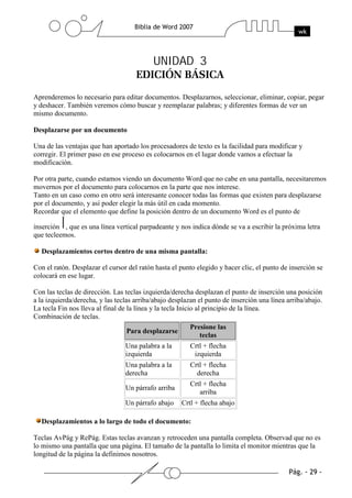 UNIDAD 3

Aprenderemos lo necesario para editar documentos. Desplazarnos, seleccionar, eliminar, copiar, pegar
y deshacer. También veremos cómo buscar y reemplazar palabras; y diferentes formas de ver un
mismo documento.

Desplazarse por un documento

Una de las ventajas que han aportado los procesadores de texto es la facilidad para modificar y
corregir. El primer paso en ese proceso es colocarnos en el lugar donde vamos a efectuar la
modificación.

Por otra parte, cuando estamos viendo un documento Word que no cabe en una pantalla, necesitaremos
movernos por el documento para colocarnos en la parte que nos interese.
Tanto en un caso como en otro será interesante conocer todas las formas que existen para desplazarse
por el documento, y así poder elegir la más útil en cada momento.
Recordar que el elemento que define la posición dentro de un documento Word es el punto de

inserción , que es una línea vertical parpadeante y nos indica dónde se va a escribir la próxima letra
que tecleemos.

  Desplazamientos cortos dentro de una misma pantalla:

Con el ratón. Desplazar el cursor del ratón hasta el punto elegido y hacer clic, el punto de inserción se
colocará en ese lugar.

Con las teclas de dirección. Las teclas izquierda/derecha desplazan el punto de inserción una posición
a la izquierda/derecha, y las teclas arriba/abajo desplazan el punto de inserción una línea arriba/abajo.
La tecla Fin nos lleva al final de la línea y la tecla Inicio al principio de la línea.
Combinación de teclas.
                                                            Presione las
                                   Para desplazarse
                                                                teclas
                                 Una palabra a la       Crtl + flecha
                                 izquierda               izquierda
                                 Una palabra a la       Crtl + flecha
                                 derecha                  derecha
                                                        Crtl + flecha
                                 Un párrafo arriba
                                                           arriba
                                 Un párrafo abajo    Crtl + flecha abajo

  Desplazamientos a lo largo de todo el documento:

Teclas AvPág y RePág. Estas teclas avanzan y retroceden una pantalla completa. Observad que no es
lo mismo una pantalla que una página. El tamaño de la pantalla lo limita el monitor mientras que la
longitud de la página la definimos nosotros.
 