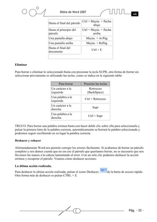 Ctrl + Mayús. + flecha
                           Hasta el final del párrafo
                                                                abajo
                           Hasta el principio del       Ctrl + Mayús. + flecha
                           párrafo                              arriba
                           Una pantalla abajo             Mayús. + AvPág
                           Una pantalla arriba            Mayús. + RePág
                           Hasta el final del
                                                               Ctrl + E
                           documento



Eliminar

Para borrar o eliminar lo seleccionado basta con presionar la tecla SUPR, otra forma de borrar sin
seleccionar previamente es utilizando las teclas, como se indica en la siguiente tabla:

                                   Para borrar           Presione las teclas
                             Un carácter a la               Retroceso
                             izquierda                     (BackSpace)
                             Una palabra a la
                                                         Ctrl + Retroceso
                             izquierda
                             Un carácter a la
                                                                Supr
                             derecha
                             Una palabra a la
                                                            Ctrl + Supr
                             derecha

TRUCO: Para borrar una palabra errónea basta con hacer doble clic sobre ella para seleccionarla y
pulsar la primera letra de la palabra correcta, automáticamente se borrará la palabra seleccionada y
podremos seguir escribiendo en su lugar la palabra correcta.

Deshacer y rehacer

Afortunadamente Word nos permite corregir los errores fácilmente. Si acabamos de borrar un párrafo
completo y nos damos cuenta que no era ese el párrafo que queríamos borrar, no es necesario que nos
llevemos las manos a la cabeza lamentando el error. Con un solo clic podemos deshacer la acción
errónea y recuperar el párrafo. Veamos cómo deshacer acciones:

La última acción realizada.
Para deshacer la ultima acción realizada, pulsar el icono Deshacer,            de la barra de acceso rápido.
Otra forma más de deshacer es pulsar CTRL + Z.
 