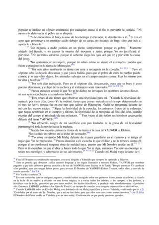 popular te incline en ofrecer testimonio por cualquier causa si el fin es pervertir la justicia. 3
Ni
mostrarás deferencia al pobre en su disputa.
4
"Si te encuentras el buey o asno de tu enemigo extraviado, lo devolverás a él. 5
Si ves el
asno que pertenece a tu enemigo caído debajo de su carga, no pasarás de largo sino que irás a
ayudarle a librarlo.
6
"No negarás a nadie justicia en un pleito simplemente porque es pobre. 7
Mantente
alejado del fraude, y no causes la muerte del inocente y justo; porque Yo no justificaré al
perverso. 8
No recibirás soborno, porque el soborno ciega los ojos del que ve y pervierte la causa
del justo.
9
"No oprimirás al extranjero, porque tú sabes cómo se siente el extranjero, puesto que
fuiste extranjero en la tierra de Mitzrayim.[93]
10
"Por seis años sembrarás tu tierra con zera y recogerás en la cosecha.[Lv 25:3] 11
Pero el
séptimo año, la dejarás descansar y que yazca baldía, para que el pobre de entre tu pueblo pueda
comer; y lo que ellos dejen, los animales salvajes en el campo pueden comer. Haz lo mismo con
tu viña y tu olivar.[Dt 15:1]
12
"Por seis días trabajarás. Pero en el séptimo día, descansarás, para que tu buey y asno
puedan descansar, y el hijo de tu esclava y el extranjero sean renovados.[Ver Ex 20:8-11]
13
"Presta atención a todo lo que Yo te he dicho; no invoques los nombres de otros dioses
ni aun sean escuchados cruzando tus labios.[94]
14
"Tres veces al año tienes que observar una festividad para mí. 15
Guarda la festividad de
matzah: por siete días, como Yo te ordené, tienes que comer matzah en el tiempo determinado en
el mes de Aviv; porque fue en ese mes que saliste de Mitzrayim. Nadie se presentará delante de
mí con las manos vacías. 16
Sigue la festividad de la cosecha, los primeros frutos de tu esfuerzo,
que hayas sembrado en el campo; y último, la festividad de la recogida, al final del año, cuando
recojas del campo el resultado de tus esfuerzos. 17
Tres veces al año todos tus hombres aparecerán
delante del Amo YAHWEH.[95]
18
"No ofrecerás sangre de mi sacrificio con pan leudado, ni la grasa de mi festividad
permanecerá toda la noche hasta la mañana.
19
Traerás los mejores primeros frutos de tu tierra a la casa de YAHWEH tu Elohim.
"No cocerás un cabrito en la leche de su madre.[96]
20
"Yo estoy enviando Mi Malaj delante de ti para guardarte en el camino y te traiga al
lugar que Yo he preparado. 21
Presta atención a él, escucha lo que él dice y no te rebeles contra él;
porque él no perdonará ninguna obra de maldad tuya, puesto que Mi Nombre reside en él.[97] 22
Pero si tú escuchas lo que él dice y haces todo lo que Yo te diga, entonces Yo seré un enemigo a
todos tus enemigos y adversario de tus adversarios.[Is 41:11] 23
Cuando mi Malaj vaya delante de ti
93
Yisra'el Efrayim es considerado extranjero, esto está dirigido a Yahudáh que siempre ha oprimido a Efrayim.
94
Esto es prueba que debemos cuidar nuestro lenguaje y no seguir llamando a nuestro Elohim, YAHWEH por nombres
paganos y que sólo debemos prestar atención a la voz de YAHWEH como Escrita en la Toráh. "Porque entonces Yo cambiaré
a los pueblos, para que tengan labios puros, para invocar El Nombre de YAHWEH-Elohim Tzevaot, todos ellos, y servirle de
común acuerdo." Sof 3:8
95
Ver Vayikra capítulo 23.
96
Era una costumbre con los antiguos paganos, cuando habían recogido todos sus primeros frutos, tomar un cabrito, y cocerlo
en la leche de su madre; y después en una forma mágica, ir a rociar todos los árboles, y los campos, y los jardines, y
hortalizas con la leche, pensando que por estos medios, los hacían fructíferos, y producir más abundantemente el próximo
año. Entonces YAHWEH prohibió a los hijos de Yisra'el, en tiempo de cosecha, usar ninguna superstición ni rito idólatra.
97
Cuando YAHWEH habla de El o Mi Malaj, está hablando de un Malaj específico y éste es Yahshúa, confirmado por el v.21
"Guárdalos por el poder de Tu Nombre, que a mí me has dado, para que ellos sean uno, como somos nosotros." (Jn 17:11b).
El Nombre del Padre reside en Yahshúa y no en otro malaj. Confirmación es que puede perdonar pecados.
 