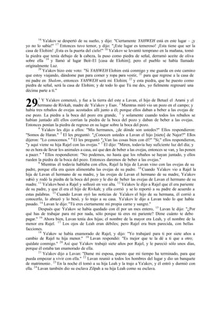 29
16
Ya'akov se despertó de su sueño, y dijo: "Ciertamente YAHWEH está en este lugar ‫ס‬ ‫ד‬y
yo no lo sabía!" 17
Entonces tuvo temor, y dijo: "‫ד‬Este lugar es temeroso! ‫ד‬Esta tiene que ser la
casa de Elohim! ‫ד‬Esta es la puerta del cielo!" 18
Ya'akov se levantó temprano en la mañana, tomó
la piedra que tenía debajo de la cabeza, la puso como piedra de señal, derramó aceite de oliva
sobre ella 19
y llamó al lugar Beit-El [casa de Elohim]; pero el pueblo se había llamado
originalmente Luz.
20
Ya'akov hizo este voto: "Si YAHWEH Elohim está conmigo y me guarda en este camino
que estoy viajando, dándome pan para comer y ropa para vestir, 21
para que regrese a la casa de
mi padre en Shalom, entonces YAHWEH será mi Elohim; 22
y esta piedra, que he puesto como
piedra de señal, será la casa de Elohim; y de todo lo que Tú me des, yo fielmente regresaré una
décima parte a ti."
1
Y Ya'akov comenzó, y fue a la tierra del este a Lavan, el hijo de Betuel el Arami y el
hermano de Rivkah, madre de Ya'akov y Esav. 2
Mientras miró vio un pozo en el campo; y
había tres rebaños de ovejas acostados allí junto a él; porque ellos daban a beber a las ovejas de
ese pozo. La piedra a la boca del pozo era grande, 3
y solamente cuando todos los rebaños se
habían juntado allí ellos corrían la piedra de la boca del pozo y daban de beber a las ovejas.
Entonces ponían la piedra de regreso en su lugar sobre la boca del pozo.
4
Ya'akov les dijo a ellos: "Mis hermanos, ‫ג‬de dónde son ustedes?" Ellos respondieron:
"Somos de Haran." 5
El les preguntó: "‫ג‬Conocen ustedes a Lavan el hijo [nieto] de Najor?" Ellos
dijeron: "Lo conocemos." 6
El les preguntó "‫ג‬Van las cosas bien con él?" "Si," ellos respondieron,
"y aquí viene su hija Rajel con las ovejas." 7
El dijo: "Miren, todavía hay suficiente luz del día; y
no es hora de llevar los animales a casa, así que den de beber a las ovejas, entonces se van, y las ponen
a pacer." 8
Ellos respondieron: "No podemos, no hasta que los rebaños se hayan juntado, y ellos
rueden la piedra de la boca del pozo. Entonces daremos de beber a las ovejas."
9
Mientras él todavía hablaba con ellos, Rajel la hija de Lavan vino con las ovejas de su
padre, porque ella era quien alimentaba las ovejas de su padre. 10
Cuando Ya'akov vio a Rajel la
hija de Lavan el hermano de su madre, y las ovejas de Lavan el hermano de su madre, Ya'akov
subió y rodó la piedra de la boca del pozo y le dio de beber las ovejas de Lavan el hermano de su
madre. 11
Ya'akovbesó a Rajel y sollozó en voz alta. 12
Ya'akov le dijo a Rajel que él era pariente
de su padre, y que él era el hijo de Rivkah; y ella corrió y se lo reportó a su padre de acuerdo a
estas palabras. 13
Cuando Lavan oyó las noticias de Ya'akov el hijo de su hermana, él corrió a
conocerlo, lo abrazó y lo besó, y lo trajo a su casa. Ya'akov le dijo a Lavan todo lo que había
pasado. 14
Lavan le dijo: "Tú eres ciertamente mi propia carne y sangre."
Después que Ya'akov se había quedado con él por un mes entero, 15
Lavan le dijo: "‫ג‬Por
qué has de trabajar para mí por nada, sólo porque tú eres mi pariente? Dime cuánto te debo
pagar." 16
Ahora bien, Lavan tenía dos hijas; el nombre de la mayor era Leah, y el nombre de la
menor era Rajel. 17
Los ojos de Leah eran débiles; pero Rajel era bien parecida, con bellas
facciones.
18
Ya'akov se había enamorado de Rajel, y dijo: "Yo trabajaré para ti por siete años a
cambio de Rajel tu hija menor." 19
Lavan respondió: "Es mejor que te la dé a ti que a otro;
quédate conmigo." 20
Así que Ya'akov trabajó siete años por Rajel, y le pareció sólo unos días,
porque él estaba tan enamorado de ella.
21
Ya'akov dijo a Lavan: "Dame mi esposa, puesto que mi tiempo ha terminado, para que
pueda empezar a vivir con ella." 22
Lavan reunió a todos los hombres del lugar y dio un banquete
de matrimonio . 23
En la noche él tomó a su hija Leah y la trajo a Ya'akov, y él entró y durmió con
ella. 24
Lavan también dio su esclava Zilpah a su hija Leah como su esclava.
 