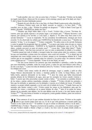 31
19
Leah concibió otra vez y dio un sexto hijo a Ya'akov. 20
Leah dijo: "Elohim me ha dado
un regalo maravilloso. Ahora por fin mi esposo vivirá conmigo, puesto que le he dado seis hijos."
Y ella lo llamó Zevulun [habitando juntos].
21
Después de esto ella dio a luz a una hija y la llamó Dinah [controversia sobre derechos].
22
Entonces Elohim tomó nota de Rajel, escuchó su oración y la hizo fértil. 23
Ella
concibió, tuvo un hijo, y dijo: "Elohim ha quitado mi desgracia." 24
Ella lo llamó Yosef [que El
añada], diciendo: "YAHWEH me añada otro hijo."
25
Después que Rajel había dado a luz a Yosef, Ya'akov dijo a Lavan: "Envíame de
camino, para que pueda regresar a mi propio lugar, a mi propio país. 26
Déjame llevarme a mis
esposas, por quienes te he servido, y a mis hijos; y déjame ir. Tú sabes muy bien como te he
servido fielmente." 27
Lavan le respondió: "Si me consideras favorablemente, entonces por favor
escucha: Yo he observado las señales que YAHWEHme ha bendecido a causa tuya. 28
Nombra tus
jornales," él dijo, "y yo los pagaré." 29
Ya'akov respondió: "Tú sabes como te he servido fielmente
y como tu ganado ha prosperado bajo mi cuidado. 30
Los pocos que tenías antes de que yo viniera
han aumentado sustancialmente; YAHWEH te ha bendecido dondequiera que yo he ido. Pero
ahora, ‫ג‬cuándo proveeré yo para mi propia casa?" 31
Lavan dijo: "‫ג‬Qué debo darte?" "Nada,"
respondió Ya'akov, "sólo haz esta cosa por mí: una vez más yo pastorearé tu rebaño y lo cuidaré.
32
También pasaré por todo el rebaño y escogeré todas las ovejas grises entre los carneros, y todas
las que son manchadas y pintas entre los carneros; estos serán mis jornales. 33
Y yo dejaré que mi
integridad esté como testigo contra mí en el futuro, porque es mi recompensa delante de ti, Todo
carnero que no sea manchado o pintado entre los carneros y los grises entre los carneros contará
como robado por mí." 34
Lavan respondió: "Como tú lo has dicho, así será."
35
Ese día Lavan removió los carneros que eran manchados o pintados y todas las cabras
que eran manchadas o pintadas, todas las ovejas grises, y todos los que eran blancos entre ellos; y
las dio a sus hijos; 36
y puso tres días de distancia entre él y Ya'akov. Ya'akovapacentó el resto de
los rebaños de Lavan.
37
Ya'akov tomó ramas verdes de árbol de estoraque, nogal y castaño, y peló en ellas
franjas blancas descortezando las ramas; y mientras pelaba lo verde, la franja blanca, cual él
había hecho, aparecía alternando en las ramas. 38
Y puso las ramas que había descortezado
paradas delante de los bebederos de agua, para que los animales las vieran cuando vinieran a
beber. Y puesto que ellas procreaban cuando venían a beber, 39
los animales se juntaban delante
de las ramas y parían cabritos manchados, pintados y listados. 40
Ya'akov dividió los animales e
hizo que los animales se aparearan con los pintados y oscuros en el rebaño de Lavan. El también
mantuvo su propio rebaño separado y no los unió con el rebaño de Lavan. 41
Cuando fuera que los
animales más fuertes venían a celo, Ya'akov ponía las ramas en los bebederos; para que los
animales las vieran y concibieran en su panza delante de ellas; 42
pero él no ponía las ramas
delante de los animales más débiles. Así los más débiles eran de Lavan y los más fuertes eran de
Ya'akov.[91] 43
De esta forma el hombre se enriqueció y tenía grandes rebaños, junto con esclavos
y esclavas, camellos y asnos.
1
Pero entonces él oyó lo que estaban diciendo los hijos de Lavan: "Ya'akov se ha cogido
todo lo que nuestro padre tenía una vez. Es de lo que solía pertenecer a nuestro padre que
Ya'akov se ha vuelto tan rico." 2
El también vio que lo tenían en diferente estima a la de antes. 3
YAHWEH dijo a Ya'akov: "Regresa a la tierra de tus padres, a tus parientes; Yo estaré contigo." 4
Así que Ya'akov mandó a llamar a Rajel y a Leah y las hizo venir al campo donde estaba su
91
Estos versos, aunque difíciles de comprender, están explicados más abajo en los versos11-13 del capítulo37.
 