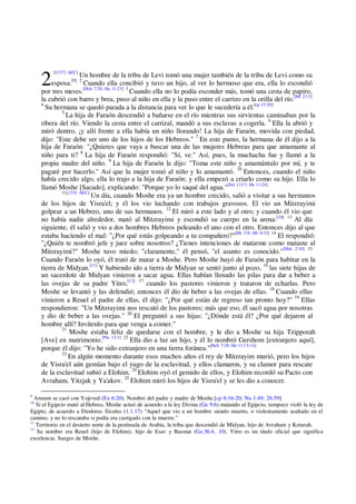 2
1[1572 AEC]
Un hombre de la tribu de Levi tomó una mujer también de la tribu de Levi como su
esposa.[9] 2
Cuando ella concibió y tuvo un hijo, al ver lo hermoso que era, ella lo escondió
por tres meses.[Hch 7:20; He 11:23] 3
Cuando ella no lo podía esconder más, tomó una cesta de papiro,
la cubrió con barro y brea, puso al niño en ella y la puso entre el carrizo en la orilla del río.[Mt 2:13]
4
Su hermana se quedó parada a la distancia para ver lo que le sucedería a él.[cp 15:20]
5
La hija de Faraón descendió a bañarse en el río mientras sus sirvientas caminaban por la
ribera del río. Viendo la cesta entre el carrizal, mandó a sus esclavas a cogerla. 6
Ella la abrió y
miró dentro, ¡y allí frente a ella había un niño llorando! La hija de Faraón, movida con piedad,
dijo: "Este debe ser uno de los hijos de los Hebreos." 7
En este punto, la hermana de él dijo a la
hija de Faraón: "¿Quieres que vaya a buscar una de las mujeres Hebreas para que amamante al
niño para ti? 8
La hija de Faraón respondió: "Sí, ve." Así, pues, la muchacha fue y llamó a la
propia madre del niño. 9
La hija de Faraón le dijo: "Toma este niño y amamántalo por mí, y te
pagaré por hacerlo." Así que la mujer tomó al niño y lo amamantó. 10
Entonces, cuando el niño
había crecido algo, ella lo trajo a la hija de Faraón; y ella empezó a criarlo como su hijo. Ella lo
llamó Moshe [Sacado], explicando: "Porque yo lo saqué del agua."[Sal 113:7; He 11:24]
11[1531 AEC]
Un día, cuando Moshe era ya un hombre crecido, salió a visitar a sus hermanos
de los hijos de Yisra'el; y él los vio luchando con trabajos gravosos. El vio un Mitzrayimi
golpear a un Hebreo, uno de sus hermanos. 12
El miró a este lado y al otro; y cuando él vio que
no había nadie alrededor, mató al Mitzrayimi y escondió su cuerpo en la arena.[10] 13
Al día
siguiente, él salió y vio a dos hombres Hebreos peleando el uno con el otro. Entonces dijo al que
estaba haciendo el mal: "¿Por qué estás golpeando a tu compañero?"[Mt 5:9; Mr 9:33] 14
El respondió:
"¿Quién te nombró jefe y juez sobre nosotros? ¿Tienes intenciones de matarme como mataste al
Mitzrayimi?" Moshe tuvo miedo; "claramente," él pensó, "el asunto es conocido."[Mal 2:10] 15
Cuando Faraón lo oyó, él trató de matar a Moshe. Pero Moshe huyó de Faraón para habitar en la
tierra de Midyan.[11]
Y habiendo ido a tierra de Midyan se sentó junto al pozo, 16
las siete hijas de
un sacerdote de Midyan vinieron a sacar agua. Ellas habían llenado las pilas para dar a beber a
las ovejas de su padre Yitro,[12] 17
cuando los pastores vinieron y trataron de echarlas. Pero
Moshe se levantó y las defendió; entonces él dio de beber a las ovejas de ellas. 18
Cuando ellas
vinieron a Reuel el padre de ellas, él dijo: "¿Por qué están de regreso tan pronto hoy?" 19
Ellas
respondieron: "Un Mitzrayimi nos rescató de los pastores; más que eso, él sacó agua por nosotras
y dio de beber a las ovejas." 20
El preguntó a sus hijas: "¿Dónde está él? ¿Por qué dejaron al
hombre allí? Invítenlo para que venga a comer."
21
Moshe estaba feliz de quedarse con el hombre, y le dio a Moshe su hija Tzipporah
[Ave] en matrimonio.[Nu 12:1] 22
Ella dio a luz un hijo, y él lo nombró Gershom [extranjero aquí],
porque él dijo: "Yo he sido extranjero en una tierra foránea."[Hch 7:29; He 11:13-14]
23
En algún momento durante esos muchos años el rey de Mitzrayim murió, pero los hijos
de Yisra'el aún gemían bajo el yugo de la esclavitud, y ellos clamaron, y su clamor para rescate
de la esclavitud subió a Elohim. 24
Elohim oyó el gemido de ellos, y Elohim recordó su Pacto con
Avraham, Yitzjak y Ya'akov. 25
Elohim miró los hijos de Yisra'el y se les dio a conocer.
9
Amram se casó con Yojeved (Ex 6:20). Nombre del padre y madre de Moshe.[cp 6:16-20; Nu 1:49; 26:59]
10
Si el Egipcio mató al Hebreo, Moshe actuó de acuerdo a la ley Divina (Ge 9:6) matando al Egipcio, tampoco violó la ley de
Egipto, de acuerdo a Diodorus Siculus (1.1.17) "Aquel que vio a un hombre siendo muerto, o violentamente asaltado en el
camino, y no lo rescataba si podía era castigado con la muerte."
11
Territorio en el desierto norte de la península de Arabia, la tribu que descendió de Midyan, hijo de Avraham y Keturah.
12
Su nombre era Reuel (hijo de Elohim), hijo de Esav y Basmat (Ge.36:4, 10). Yitro es un titulo oficial que significa
excelencia. Suegro de Moshe.
 