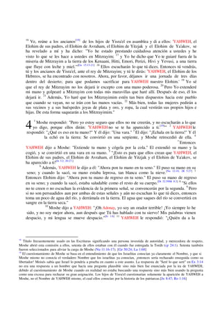 4
16
Ve, reúne a los ancianos[18]
de los hijos de Yisra'el en asamblea y di a ellos: 'YAHWEH, el
Elohim de sus padres, el Elohim de Avraham, el Elohim de Yitzjak y el Elohim de Ya'akov, se
ha revelado a mí y ha dicho: "Yo he estado prestando cuidadosa atención a ustedes y he
visto lo que se les hace a ustedes en Mitzrayim; 17
y Yo he dicho que Yo te guiaré fuera de la
miseria de Mitzrayim a la tierra de los Kenaani, Hitti, Emori, Perizi, Hivi y Yevusi, a una tierra
que fluye con leche y miel."'[Ge 15:13-21] 18
Ellos escucharán lo que tú dices. Entonces tú vendrás,
tú y los ancianos de Yisra'el, ante el rey de Mitzrayim; y tú le dirás: 'YAHWEH, el Elohim de los
Hebreos, se ha encontrado con nosotros. Ahora, por favor, déjanos ir una jornada de tres días
dentro del desierto; para que podamos sacrificar para YAHWEH nuestro Elohim.' 19
Yo sé
que el rey de Mitzrayim no los dejará ir excepto con una mano poderosa. 20
Pero Yo extenderé
mi mano y golpearé a Mitzrayim con todas mis maravillas que haré allí. Después de eso, él los
dejará ir. 21
Además, Yo haré que los Mitzrayimim estén tan bien dispuestos hacia este pueblo
que cuando se vayan, no se irán con las manos vacías. 22
Más bien, todas las mujeres pedirán a
sus vecinos y a sus huéspedes joyas de plata y oro, y ropa, la cual vestirán sus propios hijos e
hijas. De esta forma saquearán a los Mitzrayimim."
1
Moshe respondió: "Pero yo estoy seguro que ellos no me creerán, y no escucharán a lo que
yo digo, porque ellos dirán: 'YAHWEH no se te ha aparecido a ti.[19]
'" 2
YAHWEH le
respondió: "¿Qué es eso en tu mano?" Y él dijo: "Una vara." 3
El dijo: "¡Echala en la tierra!" Y él
la echó en la tierra: Se convirtió en una serpiente, y Moshe retrocedió de ella. 4

Entonces
YAHWEH dijo a Moshe: "Extiende tu mano y cógela por la cola." El extendió su mano y la
cogió, y se convirtió en una vara en su mano. 5
"¡Esto es para que ellos crean que YAHWEH, el
Elohim de sus padres, el Elohim de Avraham, el Elohim de Yitzjak y el Elohim de Ya'akov, se
ha aparecido a ti![Jn 3:2; 20:27;]
6
Además, YAHWEH le dijo a él: "Ahora pon tu mano en tu seno." El puso su mano en su
seno; y cuando la sacó, su mano estaba leprosa, tan blanca como la nieve.[Nu 12:10; 2R 5:27] 7
Entonces Elohim dijo: "Ahora pon tu mano de regreso en tu seno." El puso su mano de regreso
en su seno; y cuando la sacó, estaba saludable como el resto de su cuerpo.[Dt 32:39Mt 8:3] 8
"Si ellos
no te creen o no escuchan la evidencia de la primera señal, se convencerán por la segunda. 9
Pero
si no son persuadidos aun por ambas de estas señales y aún no escuchan lo que tú dices, entonces
toma un poco de agua del río, y derrámala en la tierra. El agua que saques del río se convertirá en
sangre en la tierra seca."
10
Moshe dijo a YAHWEH: "¡Oh Adonay, yo soy un orador terrible! ¡Yo siempre lo he
sido, y no soy mejor ahora, aun después que Tú has hablado con tu siervo! Mis palabras vienen
despacio, y mi lengua se mueve despacio."[Je 1:6] 11
YAHWEH le respondió: "¿Quién da a la
18
Título frecuentemente usado en las Escrituras significando una persona investida de autoridad, y merecedora de respeto,
Moshe abrió esta comisión a ellos, setenta de ellos estaban con él cuando fue entregada la Toráh (cp 24:1). Setenta también
fueron seleccionados para aliviar la carga de Moshe (Nu 11:16-17). [Ge 50:24; Lu 1:68]
19
El cuestionamiento de Moshe se basa en el entendimiento de que los Israelitas conocían ya claramente el Nombre, y que si
Moshe mismo no conocía el verdadero Nombre que los israelitas ya conocían, ¡entonces sería rechazado enseguida como su
libertador! Moisés sabía que Israel lo pondría a prueba en cuanto a este asunto. La respuesta de "Seré lo que seré" en Ex 3:14
no era una respuesta a un hombre que hacía una pregunta plausible sino más bien fue enunciada por la ira de YAHWEH,
debido al cuestionamiento de Moshe cuando en realidad no estaba buscando una respuesta sino más bien usando la pregunta
como una excusa para rechazar su gran asignación. Los hijos de Yisra'el cuestionarían solamente la aparición de YAHWEH a
Moshe, no el Nombre de YAHWEH mismo, el cual ellos conocían por la historia de los patriarcas.[Jn 8:47; Ro 1:16]
 