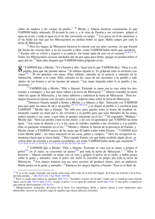 8 [28] 3
cubos de madera y las vasijas de piedra.'" 20
Moshe y Aharon hicieron exactamente lo que
YAHWEH había ordenado. El levantó la vara y, a la vista de Faraón y sus sirvientes, golpeó el
agua en el río, y toda el agua en el río fue convertida en sangre. 21
Los peces en el río murieron, y
el río hedía tan mal que los Mitzrayimim no podían beber su agua. Había sangre por toda la
tierra de Mitzrayim.
22
Pero los magos de Mitzrayim hicieron lo mismo con sus artes secretas, así que Faraón
fue hecho de corazón duro y no los escuchó a ellos, como YAHWEH había dicho que sucedería.
23
Faraón sólo se volvió y regresó a su palacio, sin tomar nada de esto en el corazón.[Is 26:11] 24
Todos los Mitzrayimim cavaron alrededor del río por agua para beber, porque no podían beber el
agua del río. 25
Siete días después que YAHWEH había golpeado el río,
1
YAHWEH dijo a Moshe: "Ve a Faraón y dile: 'Aquí está lo que YAHWEH dice: "Deja ir a mi
pueblo, para que me puedan adorar. 2
Si rehúsas dejarlo ir, Yo golpearé todo tu territorio con
ranas. El río pululará con ranas. Ellas subirán, entrarán en tu palacio y entrarán en tu
habitación, subirán a tu cama. Ellas entrarán en las casas de tus sirvientes y tu pueblo e irán
dentro de tus hornos y en tus tazones de amasar. 4
Las ranas treparán sobre ti, tu pueblo y tus
sirvientes.'"
5
YAHWEH dijo a Moshe: "Dile a Aharon: 'Extiende tu mano con tu vara sobre los ríos,
canales y estanques; y haz que ranas suban a la tierra de Mitzrayim.'" 6
Aharon extendió su mano
sobre las aguas de Mitzrayim, y las ranas subieron y cubrieron la tierra de Mitzrayim. 7
Pero los
magos hicieron lo mismo con sus artes secretas y trajeron ranas sobre la tierra de Mitzrayim.
8
Entonces Faraón mandó a llamar a Moshe y a Aharon, y dijo: "Intercede con YAHWEH
para que quite las ranas de mí y mi pueblo,[1R 13:6; Hch 8:24]
y yo dejaré al pueblo ir y sacrificar para
YAHWEH" 9
Moshe dijo a Faraón: "No sólo eso, pero puedes tener el honor de nombrar el
momento cuando yo oraré por ti, tus sirvientes y tu pueblo para que sean liberados de las ranas,
ambos ustedes y sus casas, y que ellas se queden solamente en el río." 10
El respondió: "Mañana."
Moshe dijo: "Será tan pronto como tú has dicho, y de esto tú aprenderás que YAHWEH no tiene
igual. 11
Las ranas te dejarán a ti y a las casas de ustedes, también a tus sirvientes y a tu pueblo;
ellas se quedarán solamente en el río." 12
Moshe y Aharon se fueron de la presencia de Faraón, y
Moshe clamó a YAHWEH acerca de las ranas que El había traído sobre Faraón. 13
YAHWEH hizo
como Moshe pidió – las ranas murieron en las casas, patios y campos; 14
ellos las recogieron en
montones hasta que la tierra hedía. 15
Pero cuando Faraón vio que había recibido algún alivio, se
volvió duro de corazón y no quería escucharles, así como YAHWEH había dicho que sucedería.[cp
7:4; Is 26:10; Je 34:7-11; Os 6:4; Zc 7:11-12; Ec 8:11; Pr 29:1; He 3:8,15; Re 16:9]
16
YAHWEH dijo a Moshe: "Dile a Aharon: 'Extiende tu vara con tu mano y golpea el
polvo[29]
en el suelo; se convertirá en piojos[30]
por toda la tierra de Mitzrayim.'" 17
Ellos lo
hicieron – Aharon extendió su mano con su vara y golpeó el polvo en el suelo, y había piojos
sobre la gente y animales; todo el polvo del suelo se convirtió en piojos por toda la tierra de
Mitzrayim. 18
Los magos trataron con sus artes secretas de producir piojos, pero no pudieron.
Había piojos en la gente y animales. 19
Entonces los magos dijeron a Faraón: "Este es el dedo de
28
"Y yo vi tres ruajim inmundos que lucían como ranas; ellos salen de la boca del dragón, de la boca de la bestia y de la boca
del falso profeta…" (Re 16:13-14). [ Sal 78:45; 105:30]
29
Polvo es usado para indicar la sepultura (Job 7:21). "Sacudirse el polvo de los pies" contra otro es renunciar toda relación
futura con él (Mt. 10:14; Hch 13:51). "Lamer el polvo" es un signo de sumisión servil (Sal 72:9). Y tirar polvo a alguien es
una señal de aborrecimiento (2S 16:13).
30
Milagrosamente producidos del polvo de la tierra. Los entomólogos Kirby y Spence ponen a estos minúsculos pero
aborrecibles insectos en el primer rango de aquellos que causan aflicción al hombre.
 