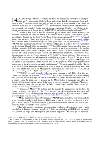 14
1
YAHWEH dijo a Moshe: 2
"Habla a los hijos de Yisra'el que se vuelvan y acampen
delante de Pi-Hajirot, entre Migdol y el mar, enfrente de Baal-Tzefon; acampen frente a él,
junto al mar. 3
Entonces Faraón dirá que los hijos de Yisra'el están errando en el campo sin
dirección, el desierto los ha encerrado.[Sal 71:11] 4
Yo endureceré tanto el corazón de Faraón que él
los perseguirá: así obtendré Gloria para mí mismo a costa de Faraón y su ejército, y los
Mitzrayimim conocerán al fin que Yo soy YAHWEH." El pueblo hizo como fue ordenado.[Ro 9;17]
5
Cuando le fue dicho al rey de Mitzrayim que el pueblo había huido, Faraón y sus
sirvientes cambiaron de forma de pensar en su corazón hacia el pueblo. Ellos dijeron: "¿Qué
hemos hecho, dejando que los hijos Yisra'el dejen de ser nuestros esclavos?"[Sal 105:25] 6
Así que él
preparó sus carruajes y llevó a su pueblo con él – 7
él llevó 600 carruajes de primera calidad,
como también todos los otros carruajes en Mitzrayim, junto con sus comandantes.[Sal 20:7] 8
YAHWEH hizo que Faraón endureciera su corazón, y él persiguió a los hijos de Yisra'el, mientras
que los hijos de Yisra'el salían con valentía.[Dt 20:6] 9
Los Mitzrayimim fueron tras ellos, todos los
caballos y carruajes de Faraón, con su caballería y ejército, y los alcanzaron cuando ellos estaban
acampados junto al mar, junto a Pi-Hajirot, frente a Baal-Tzefon. 10
Mientras Faraón se acercaba,
los hijos de Yisra'el alzaron los ojos y vieron a los Mitzrayimim allí mismo, viniendo tras ellos.
En gran temor los hijos de Yisra'el clamaron a YAHWEH, 11
y dijeron a Moshe: "¿Fue porque no
había suficientes sepulcros en Mitzrayim que nos trajiste a morir en el desierto? ¿Por qué nos has
hecho esto a nosotros, sacándonos de Mitzrayim?[Sal 106: 7-8] 12
¿No te dijimos en Mitzrayim que
nos dejaras estar, seguiremos siendo esclavos para los Mitzrayimim? ¡Sería mejor para nosotros
ser esclavos de los Mitzrayimim que morir en el desierto!" 13
Moshe respondió al pueblo: "¡Dejen
de ser tan temerosos! Permanezcan quietos, y verán la salvación que es de YAHWEH. El lo hará
hoy – hoy ustedes han visto a los Mitzrayimim, ¡pero nunca los verán otra vez!" 14
¡YAHWEH
peleará la batalla por ustedes! ¡Sólo cálmense, estén tranquilos!"
15
YAHWEH preguntó a Moshe: "¿Por qué estás clamando a mí? ¡Dile a los hijos de
Yisra'el que marchen hacia delante![Is 65:24; Ro 8:26] 16
Alza tu vara, extiéndela con tu mano sobre el
mar, y divídelo en dos. Los hijos de Yisra'el avanzarán hacia dentro del mar sobre tierra seca. 17
Y
en cuanto a mí, Yo endureceré el corazón de los Mitzrayimim; y marcharán tras ellos; así
obtendré Gloria para mí mismo a costa de Faraón y su ejército, carruajes y caballería. 18
Entonces
los Mitzrayimim conocerán que Yo soy YAHWEH, cuando haya obtenido Gloria a costa de
Faraón, sus carruajes y su caballería."
19
Después, el Malaj[63]
de Elohim, que iba delante del campamento de los hijos de
Yisra'el, se apartó y fue detrás de ellos; 20
se estacionó entre el campamento de Mitzrayim y el
campamento de Yisra'el – había nubes y oscuridad aquí, pero allá, luz de noche; así que el uno no
se acercó al otro toda esa noche.[Sal 18:11; Pr 4:18-19; Is 8:14; 2Co 2:15-16; Col 1:2; Jud 13]
21
Moshe extendió su mano sobre el mar, y YAHWEH causó que el mar se retrajera delante
de un viento fuerte del este toda la noche. El hizo que el mar se convirtiera en tierra seca, y su
agua se dividió en dos. 22
Entonces los hijos de Yisra'el entraron al mar en tierra seca, con el agua
como una pared a su derecha y a su izquierda[64]
.
23
Los Mitzrayimim continuaron su persecución, yendo tras ellos dentro del mar – todos
los caballos de Faraón, carruajes y caballería. 24
Justo antes del alba, YAHWEH miró por medio
de la columna de fuego a los Mitzrayimim y los echó en un pánico. 25
El causó que las ruedas de
63
Ver verso 24, El Malaj era YAHWEH-Yahshúa. [cp 23:20; Nu 20:16; Is 63:9]
64
Por el aliento de Elohim, el hielo es dado, y las anchas aguas se congelan. Job 15:8; 37:10. ¿Del vientre de quién sale el
hielo? ¿Quién da a luz a la escarcha del cielo, cuando el agua se vuelve tan dura como la piedra, y la superficie de las
profundidades se congela sólidamente? Job 38:29-30.[Hab 3:8-10; 1C 10:1]
 