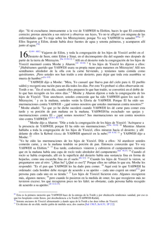 16
dijo: "Si tú escucharas intensamente a la voz de YAHWEH tu Elohim, haces lo que El considera
correcto; prestas atención a sus mitzvot y observas sus leyes, Yo no te afligiré con ninguna de las
enfermedades que Yo traje sobre los Mitzrayimim; porque Yo soy YAHWEH tu sanador.[69]
" 27
Ellos llegaron a Eilim, donde había doce fuentes de agua y setenta palmeras, y acamparon allí
junto al agua.[70]
1[1491 AEC]
Viajaron de Eilim, y toda la congregación de los hijos de Yisra'el arribó en el
Desierto de Seen, entre Eilim y Sinai, en el decimoquinto día del segundo mes después de
partir de la tierra de Mitzrayim. [Nu 33:10-12] 2
Allí en el desierto toda la congregación de los hijos de
Yisra'el murmuró contra Moshe y Aharon.[1C 10:10] 3
Y los hijos de Yisra'el les dijeron a ellos:
"¡Hubiéramos querido que YAHWEH usara su propia mano para matarnos en Mitzrayim! Allí nos
sentábamos alrededor de la olla con la carne hirviendo, y teníamos tanta comida como
quisiéramos. ¡Pero ustedes nos han traído a este desierto, para dejar que toda esta asamblea se
muera de hambre!"[La 4:9]
4
YAHWEH dijo a Moshe: "Mira, Yo causaré que llueva pan del cielo para ti. El pueblo
saldrá y recogerá una ración para un día todos los días. Por esto Yo probaré si ellos observarán mi
Toráh o no. 5
En el sexto día, cuando ellos preparen lo que han traído, se convertirá en el doble de
lo que han recogido en los otros días." 6
Moshe y Aharon dijeron a toda la congregación de los
hijos de Yisra'el: "Este anochecer, ustedes conocerán que ha sido YAHWEH quien los sacó de
Mitzrayim; 7
y en la mañana, ustedes verán la Gloria de YAHWEH. Porque El ha oído sus
murmuraciones contra YAHWEH – ¿qué somos nosotros que ustedes murmuran contra nosotros?"
8
Moshe añadió: "Lo que yo he dicho sucederá cuando YAHWEH les dé carne para comer esta
tarde y su porción de pan mañana en la mañana. YAHWEH ha escuchado sus quejas y
murmuraciones contra El – ¿qué somos nosotros? Sus murmuraciones no son contra nosotros
sino contra YAHWEH."[1S 8:7; Ro 13:2]
9
Moshe dijo a Aharon: "Dile a toda la congregación de los hijos de Yisra'el: 'Acérquese a
la presencia de YAHWEH, porque El ha oído sus murmuraciones.'"[Nu 16:16] 10
Mientras Aharon
hablaba a toda la congregación de los hijos de Yisra'el, ellos miraron hacia el desierto; y allí
delante de ellos la Kebod (Gloria) de YAHWEH apareció en la nube;[1R 8:10] 11
y YAHWEH dijo a
Moshe: 12
"Yo he oído las murmuraciones de los hijos de Yisra'el. Dile a ellos: 'Al atardecer ustedes
comerán carne, y en la mañana tendrán su porción de pan. Entonces conocerán que Yo soy
YAHWEH su Elohim.'" 13
Esa tarde, codornices vinieron y cubrieron el campamento; mientras
que en la mañana había una capa de rocío todo alrededor del campamento.[Sal 78:27] 14
Cuando el
rocío se había evaporado, allí en la superficie del desierto había una sustancia fina en forma de
hojuelas, como una escarcha fina en el suelo.[Dt 8:3] 15
Cuando los hijos de Yisra'el la vieron, se
preguntaron uno al otro: "¿Man hu? [¿Qué es eso?]" Porque ellos no sabían lo que era. Moshe les
respondió: "Es el pan que YAHWEH les ha dado para comer. 16
Aquí está lo que YAHWEH ha
ordenado: cada hombre debe recoger de acuerdo a su apetito – cada uno cogerá un omer[71]
por
persona para cada uno en su tienda." 17
Los hijos de Yisra'el hicieron esto. Algunos recogieron
más, algunos menos; 18
pero cuando lo pusieron en la medida de omer, los que recogieron más no
tuvieron exceso; los que recogieron poco no les faltó; no obstante, cada persona había recogido
de acuerdo a su apetito.[2C 8:14-15]
69
Esta es la primera mención que YAHWEH hace de la entrega de la Toráh y por obedecerla tendremos sanidad, por eso es
que los hospitales están llenos, por desobediencia a la Toráh [YAHWEH-Rafah].
70
Setenta ancianos de Yisra'el alimentando y dando agua de la Toráh a las doce tribus de Yisra'el.
71
Un décimo de un efah, medio galón de medida seca, dos cuartos.[Sal 136:5; Jn 6:31; 1P 2:2]
 