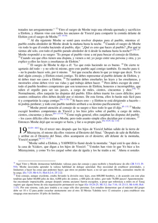 19
tratados tan arrogantemente." 12
Yitro el suegro de Moshe trajo una ofrenda quemada y sacrificios
a Elohim, y Aharon vino con todos los ancianos de Yisra'el para compartir la comida delante de
Elohim con el suegro de Moshe.[1C 10:18]
13
Al día siguiente Moshe se sentó para resolver disputas para el pueblo, mientras el
pueblo estaba alrededor de Moshe desde la mañana hasta la noche. 14
Cuando el suegro de Moshe
vio todo lo que él estaba haciendo al pueblo, dijo: "¿Qué es esto que haces al pueblo? ¿Por qué te
sientas ahí solo, con todo el pueblo parado alrededor de ti desde la mañana hasta la noche?" [78] 15
Moshe respondió a su suegro: "Es porque el pueblo viene a mí para buscar el consejo de Elohim.
16
Cuando sea que ellos tienen una disputa, y vienen a mí; yo juzgo entre una persona y otra, y yo
explico a ellos las leyes y enseñanzas de Elohim."
17
El suegro de Moshe le dijo a él: "Lo que estás haciendo no es bueno. 18
De cierto te
agotarás del todo – y no sólo tú mismo, pero este pueblo aquí contigo también. Es mucho para ti
– no lo puedes hacer solo, por ti mismo. 19
Así que escucha ahora lo que yo tengo que decir. Yo te
daré algún consejo, y Elohim estará contigo. Tú debes representar al pueblo delante de Elohim, y
tú debes traer sus casos a Elohim. 20
Tú también debes enseñarles las leyes y las enseñanzas, y
mostrarles cómo deben vivir sus vidas y qué trabajo deben hacer. 21
Pero debes escoger de entre
todo el pueblo hombres competentes que son temerosos de Elohim, honestos e incorruptibles, que
odien el orgullo para ser sus jueces, a cargo de miles, cientos, cincuentas y diez.[79] 22
Normalmente, ellos zanjarán las disputas del pueblo. Ellos deben traerte los casos difíciles; pero
asuntos ordinarios ellos deben decidir por sí mismos. De esta forma, ellos lo harán más fácil para
ti y compartirán la carga contigo.[Nu 11:16] 23
Si haces esto – y Elohim te está dirigiendo a hacerlo –
tú podrás perdurar; y todo este pueblo también arribará a su destino pacíficamente."
24
Moshe prestó atención al consejo de su suegro e hizo todo lo que él dijo.[Pr 1:5] 25
Moshe
escogió hombres competentes de Yisra'el y los hizo jefes sobre el pueblo, a cargo de miles,
cientos, cincuentas y dieses.[Dt 1;13-15] 26
Como regla general, ellos zanjaban las disputas del pueblo
– los casos difíciles ellos traían a Moshe, pero todo asunto simple ellos decidían por sí mismos. 27
Entonces Moshe dejó que su suegro se fuera, y fue a su propio país.[Nu 10:29; Jue 1:16]
1[1491 AEC]
En el tercer mes después que los hijos de Yisra'el habían salido de la tierra de
Mitzrayim, el mismo día ellos vinieron al Desierto del Sinai. 2
Después de salir de Refidim
y arribar en el Desierto del Sinai, ellos acamparon en el desierto; allí delante de la montaña,
Yisra'el acampó.[cp 3:1; 17:1]
3
Moshe subió a Elohim, y YAHWEH lo llamó desde la montaña: "Aquí está lo que dirás a
la casa de Ya'akov, que digan a los hijos de Yisra'el: 4
'Ustedes han visto lo que Yo hice a los
Mitzrayimim, y como Yo los cargué sobre alas de águila y los he traído a mí. 5
Ahora si ustedes
78
Aquí Yitro y Moshe demuestran habilidades valiosas para dar consejo y para recibirlo y beneficiarse de ello (2R 5:13; Pr
9:8). Moshe necesitaba aprender la valiosa habilidad de delegar autoridad. Hay necesidad de establecer prioridades, y
limitarnos a hacer las cosas que podemos hacer, que otros no pueden hacer, a no ser que como Moshe, asumamos mucho de
la carga. [Ex 7:25; Mr 6:31; Hch 6:2-4; 2T 2:2]
79
Este consejo, aunque excelente, estaba llevando la división muy lejos, eran 600,000 hombres, y de acuerdo con este plan
tendrían que haber 60,000 jefes de diez, 6,000 jefes de cientos, y 600 jefes de miles; ¡por todo 78,000 jueces! Aparentemente
fue encontrado impracticable, porque después setenta ancianos fueron escogidos, a pesar que referencia a miles en el Tanaj
sugiere que alguna forma de esta organización permaneció en lugar (Ge 18:24-25; Mi 5:2; Jue 7:16; 1S 25:13; Mr 6:40; Hch
1:15). Por este sistema, cada juez tendría a su cargo sólo diez personas. Los estudios demuestran que el máximo del grupo
debe ser 10 o 12 para poder escuchar atentamente uno al otro. El Mesías Yahshúa tuvo 12 emisarios y para establecer una
sinagoga eran necesarios 10 jefes de familias.
 