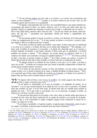2
22
20
"Si una persona golpea con una caña a su esclavo o su esclava tan severamente que
muere, él será castigado;[Ro 13:4; Ef 6:9] 21
excepto si el esclavo sobrevive por un día o dos, no será
castigado, puesto que el esclavo es su propiedad.
22
"Si algunos están peleando uno con otro y de casualidad hieren a una mujer preñada tan
severamente que aborte al niño y no muere, entonces, aun si no tiene otro daño, tiene que ser
multado. Pagará la cantidad que imponga el esposo de la mujer y confirmado por los jueces. 23
Pero si hay algún daño, entonces darás vida por vida, 24
ojo por ojo, diente por diente, mano por
mano, pie por pie, 25
quemadura por quemadura, herida por herida y magulladura por
magulladura.[91]
26
"Si una persona golpea el ojo de su esclavo o esclava y lo destruye, él lo tiene que dejar
ir libre en compensación por su ojo. 27
Si le hace perder un diente a su esclavo o esclava, tiene
que dejarlo ir libre en compensación por su diente.
28
"Si un buey acornea de muerte un hombre o una mujer, el buey tiene que ser apedreado
y su carne no se comerá, y el dueño del buey ya no tendrá más obligación. 29
Sin embargo, si el
buey tenía el hábito de acornear en el pasado, y el dueño fue advertido pero no lo encerró, y
terminó matando un hombre o una mujer; entonces el buey tiene que ser apedreado, y el dueño
también será puesto a muerte. 30
Sin embargo, un rescate puede ser impuesto sobre él; y la
sentencia de muerte será sustituida si él paga la cantidad impuesta.[Nu 35:31-33] 31
Si el buey acornea
un hijo o una hija, el mismo estatuto se aplica. 32
Si el buey acornea un esclavo o esclava, el
dueño dará al amo de ellos doce onzas de plata; y el buey tiene que ser apedreado de muerte.
33
"Si alguien remueve la cubierta de una cisterna o cava una y no la cubre, y un buey o
asno cae en ella, 34
el dueño de la cisterna tiene que asumir la pérdida compensando al dueño del
animal; pero el animal muerto será de él.
35
"Si el buey de una persona acornea al buey del prójimo, así que muere, tienen que
vender al buey vivo y dividir el dinero de la venta; y también dividirán el animal muerto. 36
Pero
si es conocido que el buey tenía el hábito de acornear en el pasado, y el dueño no lo encerró; él
pagará buey por buey, pero el animal muerto será de él.[Pr 22:3]
1
"Si alguien roba un buey o una oveja y la sacrifica o la vende, pagará cinco bueyes por
un buey y cuatro ovejas por una oveja.[2S 12:6; Lu 19:8]
Si un ladrón es sorprendido en el acto de irrumpir y es golpeado de muerte, no es
asesinato; 3
a no ser que suceda después de la salida del sol, en cuyo caso es asesinato. Un ladrón
tiene que restituir; así que, si él no tiene nada, él mismo tiene que ser vendido para restituir la
pérdida del robo. 4
Si lo que robó es encontrado vivo en su posesión, él pagará el doble, no
importa si es un buey, un asno o una oveja.
5
Si una persona deja pastar en un campo o una viña o deja su animal suelto para pastar en
el campo de otro, tiene que hacer restitución de su campo de acuerdo a su cosecha de su propio
campo y viña; y si ha consumido el campo completo, pagará como restitución lo mejor de su
campo y lo mejor de su viña.
6
Si un fuego es prendido y al quemar espinos se quema grano almacenado, grano en pie o
un campo es destruido, la persona que lo prendió tiene que hacer restitución.[Nu 32:23]
91
Ley del Talión, pago de lo mismo por lo mismo. Los crímenes capitales bajo de código Mosaico (Toráh) eran: 1)
Asesinato, Nu 35:16; 2) Blasfemia; Lev 24:16; 3) Secuestro, Ex 21:15; 1T 1:10; 4) Idolatría, Ex 22:20; De 17:2; 5) Llevar a
idolatría, De 13:6-9; 6) Adulterio, Le 20:10; 7) Sodomía e inmundicia, Le 20:13; 17:20; 8) Incesto, Le 29:14-21; 9)
Bestialidad, Le 20:15-16; 10) Hechicería, Ex 22:18; 11) Golpear padres, Ex 21:15; De 27:16; 12) Maldecir a padres, Ex
21:17; Le 20:9; 13) Desobedecer a padres, De 21:20-21; 14) Profanación del Shabbat, Ex 35:2; Nu 15;32; 15) Poner en
peligro vida humana, Ex 21:29.
 