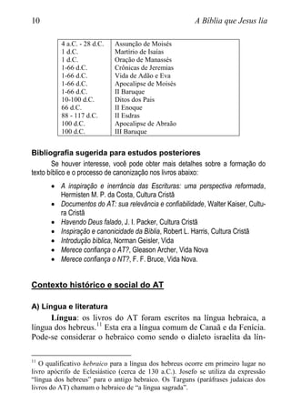 10 A Bíblia que Jesus lia
4 a.C. - 28 d.C.
1 d.C.
1 d.C.
1-66 d.C.
1-66 d.C.
1-66 d.C.
1-66 d.C.
10-100 d.C.
66 d.C.
88 - 117 d.C.
100 d.C.
100 d.C.
Assunção de Moisés
Martírio de Isaías
Oração de Manassés
Crônicas de Jeremias
Vida de Adão e Eva
Apocalipse de Moisés
II Baruque
Ditos dos Pais
II Enoque
II Esdras
Apocalipse de Abraão
III Baruque
Bibliografia sugerida para estudos posteriores
Se houver interesse, você pode obter mais detalhes sobre a formação do
texto bíblico e o processo de canonização nos livros abaixo:
 A inspiração e inerrância das Escrituras: uma perspectiva reformada,
Hermisten M. P. da Costa, Cultura Cristã
 Documentos do AT: sua relevância e confiabilidade, Walter Kaiser, Cultu-
ra Cristã
 Havendo Deus falado, J. I. Packer, Cultura Cristã
 Inspiração e canonicidade da Bíblia, Robert L. Harris, Cultura Cristã
 Introdução bíblica, Norman Geisler, Vida
 Merece confiança o AT?, Gleason Archer, Vida Nova
 Merece confiança o NT?, F. F. Bruce, Vida Nova.
Contexto histórico e social do AT
A) Língua e literatura
Língua: os livros do AT foram escritos na língua hebraica, a
língua dos hebreus.11
Esta era a língua comum de Canaã e da Fenícia.
Pode-se considerar o hebraico como sendo o dialeto israelita da lín-
11
O qualificativo hebraico para a língua dos hebreus ocorre em primeiro lugar no
livro apócrifo de Eclesiástico (cerca de 130 a.C.). Josefo se utiliza da expressão
“língua dos hebreus” para o antigo hebraico. Os Targuns (paráfrases judaicas dos
livros do AT) chamam o hebraico de “a língua sagrada”.
 