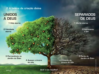 c. Livre arbítrio
2 A beleza da criação divina
SEPARADOS
DE DEUS
UNIDOS
A DEUS
1 Vida eterna 1 Morte eterna
2 Felicidade
eterna
2 Sofrimento
e dor
3 Permanência no
Jardim do Éden
3 Perda do
Jardim do Éden
4 Acesso a árvore
da vida
4 Privação da
árvore da vida
Qual a sua escolha?
Infográﬁco:AlexandreRocha/Ilustração:VandirDortaJr.
 