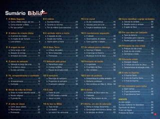 OP-31520-PastadeEstudosBíblicosIlustrados
Prog.Visual
Editor
C.Qualidade
Dep. Arte
Rocha
1
Sumário
1 A Bíblia Sagrada
a. Como a Bíblia chegou até nós......... 3
b. Como entender a Bíblia.................. 4
c. Por que conﬁar?............................ 5
2 A beleza da criação divina
a. A semana da criação..................... 6
b. A criação do ser humano ............... 7
c. Livre-arbítrio................................. 8
3 A origem do mal
a. Como surgiu o mal ........................ 9
b. Ataques do inimigo...................... 10
c. Armadura do cristão ................... 11
4 O plano da salvação
a. Salvação ao longo das eras .......... 12
b. O cordeiro e Jesus...................... 13
c. Os dois caminhos........................ 14
5 Fé, arrependimento e conﬁssão
a. Fé ............................................. 15
b. Arrependimento.......................... 16
c. Conﬁssão ................................... 17
6 Sinais da volta de Cristo
a. Sinais no mundo natural e social .... 18
b. Mundo religioso .......................... 19
c. O grande dia............................... 20
7 A volta de Jesus
a. Como Jesus voltará..................... 21
b. Recompensa............................... 22
c. Promessas................................. 23
8 O milênio
a. Acontecimentos ............................ 24
b. Durante os mil anos ...................... 25
c. Fim do milênio (juízo executivo) ....... 26
9 A verdade sobre a morte
a. A equação da vida ......................... 27
b. Estado dos mortos........................ 28
c. Vitória sobre a morte .................... 29
10 A Nova Terra
a. A Nova Jerusalém....................... 30
b. Terra restaurada ........................ 31
c. Promessas................................. 32
11 Salvação pela graça
a. Maravilhosa graça ...................... 33
b. A graça na Bíblia ........................ 34
c. Passos da jornada cristã ............. 35
12 O santuário
a. Descrição do santuário................ 36
b. Propósitos do santuário............... 37
c. O santuário celestial ................... 38
13 O juízo
a. Fases do juízo............................. 39
b. 2.300 tardes e manhãs .............. 40
c. Jesus e o juízo............................ 41
14 As leis na Bíblia
a. Tipos de leis............................... 42
b. Lei abolida ................................. 43
c. Lei moral X lei cerimonial............. 44
15 A lei moral
a. Os dez mandamentos.................. 45
b. Atitudes para com a lei ............... 46
c. Função e benefícios da lei ............ 47
16 O mandamento esquecido
a. O sábado ................................... 48
b. Observadores do sábado ............. 49
c. Como guardar o sábado............... 50
17 Do sábado para o domingo
a. Domingo X Sábado...................... 51
b. O domingo na História................. 52
c. Mudanças na lei de Deus............. 53
18 Princípios de saúde
a. Longevidade ............................... 54
b. O cardápio de Deus..................... 55
c. Oito remédios............................. 56
19 O dom de profecia
a. Características do profeta verdadeiro.. 57
b. Mulheres profetisas.................... 58
c. Dom profético em Ellen G. White.. 59
20 O dízimo
a. O direito de Deus sobre nós......... 60
b. Fidelidade .................................. 61
c. O que Deus espera de nós........... 62
21 Oferta, um ato de adoração
a. Oferta no Antigo Testamento........ 63
b. Comparação entre dízimo e ofertas .. 64
c. As bênçãos de ofertar................. 65
22 Como identiﬁcar a igreja verdadeira
a. Colunas da verdade..................... 66
b. Batalha contra a verdade............. 67
c. O apelo de Deus ......................... 68
23 Por que devo ser batizado
a. Tipos de batismo ........................ 69
b. Condições para o batismo............ 70
c. Razões para ser batizado............. 71
24 Princípios de vida cristã
a. Práticas da vida cristã:................ 72
b. Estilo de vida cristão................... 73
c. Cerimônias cristãs...................... 74
25 Educação cristã
a. Educação integral ....................... 75
b. O método de ensino de Jesus ....... 76
c. Características da educação cristã... 77
26 A vida no Espírito
a. O Espírito Santo ......................... 78
b. A obra do Espírito Santo.............. 79
c. O fruto do Espírito ...................... 80
27 Um ministério para todos
a. Quem somos.............................. 81
b. O que necessitamos.................... 82
c. O que devemos fazer................... 83
ANEXOS
As sete igrejas ..................................... 84
As duas mulheres do Apocalipse ............ 85
Signiﬁcado de inferno ............................ 86
O dom de línguas ................................. 87
Profecias de Daniel ............................... 88
 