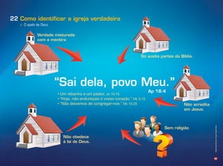 66
c. O apelo de Deus
Verdade misturada
com a mentira
Só aceita partes da Bíblia.
Não acredita
em Jesus.
Não obedece
à lei de Deus.
Sem religião
22
m re anho e um pastor. Jo 10:16
o e, não endureçais o vosso coração. Hb 3:15
ão deixemos de congregar nos. Hb 10:25
Infográﬁco:AlexandreRocha/Ilusrações:RogérioChimello
Ap 18:4
 