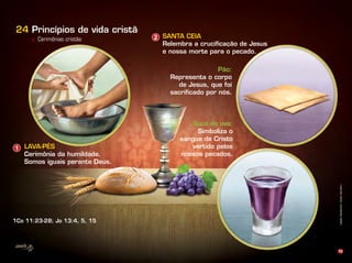 72
c. Cerimônias cristãs
24
1Co 11:23-28; Jo 13:4, 5, 15
LAVA-PÉS
Cerimônia da humildade.
Somos iguais perante Deus.
Simboliza o
sangue de Cristo
nossos pecados.
1
SANTA CEIA
Relembra a cruciﬁcação de Jesus
e nossa morte para o pecado.
Pão:
Representa o corpo
de Jesus, que foi
sacriﬁcado por nós.
2
Infográﬁco:AlexandreRocha/Ilusração:VandirDortaJr.
 