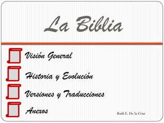 La Biblia
Visión General
Historia y Evolución
Versiones y Traducciones
Anexos

Ruth E. De la Cruz

 