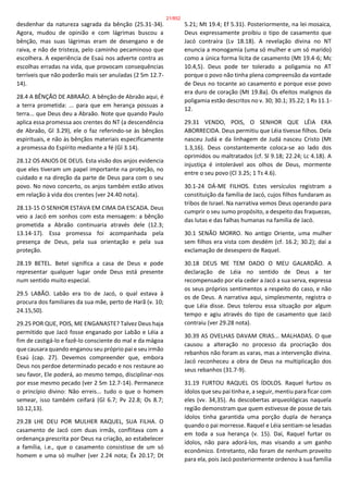 desdenhar da natureza sagrada da bênção (25.31-34).
Agora, mudou de opinião e com lágrimas buscou a
bênção, mas suas lágrimas eram de desengano e de
raiva, e não de tristeza, pelo caminho pecaminoso que
escolhera. A experiência de Esaú nos adverte contra as
escolhas erradas na vida, que provocam consequências
terríveis que não poderão mais ser anuladas (2 Sm 12.7-
14).
28.4 A BÊNÇÃO DE ABRAÃO. A bênção de Abraão aqui, é
a terra prometida: ... para que em herança possuas a
terra... que Deus deu a Abraão. Note que quando Paulo
aplica essa promessa aos crentes do NT (a descendência
de Abraão, Gl 3.29), ele o faz referindo-se às bênçãos
espirituais, e não às bênçãos materiais especificamente
a promessa do Espírito mediante a fé (Gl 3.14).
28.12 OS ANJOS DE DEUS. Esta visão dos anjos evidencia
que eles tiveram um papel importante na proteção, no
cuidado e na direção da parte de Deus para com o seu
povo. No novo concerto, os anjos também estão ativos
em relação à vida dos crentes (ver 24.40 nota).
28.13-15 O SENHOR ESTAVA EM CIMA DA ESCADA. Deus
veio a Jacó em sonhos com esta mensagem: a bênção
prometida a Abraão continuaria através dele (12.3;
13.14-17). Essa promessa foi acompanhada pela
presença de Deus, pela sua orientação e pela sua
proteção.
28.19 BETEL. Betel significa a casa de Deus e pode
representar qualquer lugar onde Deus está presente
num sentido muito especial.
29.5 LABÃO. Labão era tio de Jacó, o qual estava à
procura dos familiares da sua mãe, perto de Harã (v. 10;
24.15,50).
29.25 POR QUE, POIS, ME ENGANASTE? Talvez Deus haja
permitido que Jacó fosse enganado por Labão e Léia a
fim de castigá-lo e fazê-lo consciente do mal e da mágoa
que causara quando enganou seu próprio pai e seu irmão
Esaú (cap. 27). Devemos compreender que, embora
Deus nos perdoe determinado pecado e nos restaure ao
seu favor, Ele poderá, ao mesmo tempo, disciplinar-nos
por esse mesmo pecado (ver 2 Sm 12.7-14). Permanece
o princípio divino: Não erreis... tudo o que o homem
semear, isso também ceifará (Gl 6.7; Pv 22.8; Os 8.7;
10.12,13).
29.28 LHE DEU POR MULHER RAQUEL, SUA FILHA. O
casamento de Jacó com duas irmãs, conflitava com a
ordenança prescrita por Deus na criação, ao estabelecer
a família, i.e., que o casamento consistisse de um só
homem e uma só mulher (ver 2.24 nota; Êx 20.17; Dt
5.21; Mt 19.4; Ef 5.31). Posteriormente, na lei mosaica,
Deus expressamente proibiu o tipo de casamento que
Jacó contraíra (Lv 18.18). A revelação divina no NT
enuncia a monogamia (uma só mulher e um só marido)
como a única forma lícita de casamento (Mt 19.4-6; Mc
10.4,5). Deus pode ter tolerado a poligamia no AT
porque o povo não tinha plena compreensão da vontade
de Deus no tocante ao casamento e porque esse povo
era duro de coração (Mt 19.8a). Os efeitos malignos da
poligamia estão descritos no v. 30; 30.1; 35.22; 1 Rs 11.1-
12.
29.31 VENDO, POIS, O SENHOR QUE LÉIA ERA
ABORRECIDA. Deus permitiu que Léia tivesse filhos. Dela
nasceu Judá e da linhagem de Judá nasceu Cristo (Mt
1.3,16). Deus constantemente coloca-se ao lado dos
oprimidos ou maltratados (cf. Sl 9.18; 22.24; Lc 4.18). A
injustiça é intolerável aos olhos de Deus, mormente
entre o seu povo (Cl 3.25; 1 Ts 4.6).
30.1-24 DÁ-ME FILHOS. Estes versículos registram a
constituição da família de Jacó, cujos filhos fundaram as
tribos de Israel. Na narrativa vemos Deus operando para
cumprir o seu sumo propósito, a despeito das fraquezas,
das lutas e das falhas humanas na família de Jacó.
30.1 SENÃO MORRO. No antigo Oriente, uma mulher
sem filhos era vista com desdém (cf. 16.2; 30.2); daí a
exclamação de desespero de Raquel.
30.18 DEUS ME TEM DADO O MEU GALARDÃO. A
declaração de Léia no sentido de Deus a ter
recompensado por ela ceder a Jacó a sua serva, expressa
os seus próprios sentimentos a respeito do caso, e não
os de Deus. A narrativa aqui, simplesmente, registra o
que Léia disse. Deus tolerou essa situação por algum
tempo e agiu através do tipo de casamento que Jacó
contraiu (ver 29.28 nota).
30.39 AS OVELHAS DAVAM CRIAS... MALHADAS. O que
causou a alteração no processo da procriação dos
rebanhos não foram as varas, mas a intervenção divina.
Jacó reconheceu a obra de Deus na multiplicação dos
seus rebanhos (31.7-9).
31.19 FURTOU RAQUEL OS ÍDOLOS. Raquel furtou os
ídolos que seu pai tinha e, a seguir, mentiu para ficar com
eles (vv. 34,35). As descobertas arqueológicas naquela
região demonstram que quem estivesse de posse de tais
ídolos tinha garantida uma porção dupla de herança
quando o pai morresse. Raquel e Léia sentiam-se lesadas
em toda a sua herança (v. 15). Daí, Raquel furtar os
ídolos, não para adorá-los, mas visando a um ganho
econômico. Entretanto, não foram de nenhum proveito
para ela, pois Jacó posteriormente ordenou à sua família
21/852
 