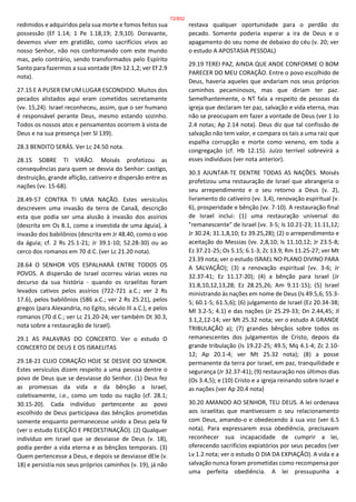 redimidos e adquiridos pela sua morte e fomos feitos sua
possessão (Ef 1.14; 1 Pe 1.18,19; 2.9,10). Doravante,
devemos viver em gratidão, como sacrifícios vivos ao
nosso Senhor, não nos conformando com este mundo
mas, pelo contrário, sendo transformados pelo Espírito
Santo para fazermos a sua vontade (Rm 12.1,2; ver Ef 2.9
nota).
27.15 E A PUSER EM UM LUGAR ESCONDIDO. Muitos dos
pecados alistados aqui eram cometidos secretamente
(vv. 15,24). Israel reconheceu, assim, que o ser humano
é responsável perante Deus, mesmo estando sozinho.
Todos os nossos atos e pensamentos ocorrem à vista de
Deus e na sua presença (ver Sl 139).
28.3 BENDITO SERÁS. Ver Lc 24.50 nota.
28.15 SOBRE TI VIRÃO. Moisés profetizou as
consequências para quem se desvia do Senhor: castigo,
destruição, grande aflição, cativeiro e dispersão entre as
nações (vv. 15-68).
28.49-57 CONTRA TI UMA NAÇÃO. Estes versículos
descrevem uma invasão da terra de Canaã, descrição
esta que podia ser uma alusão à invasão dos assírios
(descrita em Os 8.1, como a investida de uma águia), à
invasão dos babilônios (descrita em Jr 48.40, como o voo
da águia; cf. 2 Rs 25.1-21; Jr 39.1-10; 52.28-30) ou ao
cerco dos romanos em 70 d.C. (ver Lc 21.20 nota).
28.64 O SENHOR VOS ESPALHARÁ ENTRE TODOS OS
POVOS. A dispersão de Israel ocorreu várias vezes no
decurso da sua história - quando os israelitas foram
levados cativos pelos assírios (722-721 a.C.; ver 2 Rs
17.6), pelos babilônios (586 a.C.; ver 2 Rs 25.21), pelos
gregos (para Alexandria, no Egito, século III a.C.), e pelos
romanos (70 d.C.; ver Lc 21.20-24; ver também Dt 30.3,
nota sobre a restauração de Israel).
29.1 AS PALAVRAS DO CONCERTO. Ver o estudo O
CONCERTO DE DEUS E OS ISRAELITAS
29.18-21 CUJO CORAÇÃO HOJE SE DESVIE DO SENHOR.
Estes versículos dizem respeito a uma pessoa dentre o
povo de Deus que se desviasse do Senhor. (1) Deus fez
as promessas da vida e da bênção a Israel,
coletivamente, i.e., como um todo ou nação (cf. 28.1;
30.15-20). Cada indivíduo pertencente ao povo
escolhido de Deus participava das bênçãos prometidas
somente enquanto permanecesse unido a Deus pela fé
(ver o estudo ELEIÇÃO E PREDESTINAÇÃO). (2) Qualquer
indivíduo em Israel que se desviasse de Deus (v. 18),
podia perder a vida eterna e as bênçãos temporais. (3)
Quem pertencesse a Deus, e depois se desviasse dEle (v.
18) e persistia nos seus próprios caminhos (v. 19), já não
restava qualquer oportunidade para o perdão do
pecado. Somente poderia esperar a ira de Deus e o
apagamento do seu nome de debaixo do céu (v. 20; ver
o estudo A APOSTASIA PESSOAL)
29.19 TEREI PAZ, AINDA QUE ANDE CONFORME O BOM
PARECER DO MEU CORAÇÃO. Entre o povo escolhido de
Deus, haveria aqueles que andariam nos seus próprios
caminhos pecaminosos, mas que diriam ter paz.
Semelhantemente, o NT fala a respeito de pessoas da
igreja que declaram ter paz, salvação e vida eterna, mas
não se preocupam em fazer a vontade de Deus (ver 1 Jo
2.4 notas; Ap 2.14 nota). Deus diz que tal confissão de
salvação não tem valor, e compara os tais a uma raiz que
espalha corrupção e morte como veneno, em toda a
congregação (cf. Hb 12.15). Juízo terrível sobrevirá a
esses indivíduos (ver nota anterior).
30.3 AJUNTAR-TE DENTRE TODAS AS NAÇÕES. Moisés
profetizou uma restauração de Israel que abrangeria o
seu arrependimento e o seu retorno a Deus (v. 2),
livramento do cativeiro (vv. 3,4), renovação espiritual (v.
6), prosperidade e bênção (vv. 7-10). A restauração final
de Israel inclui: (1) uma restauração universal do
"remanescente" de Israel (vv. 3-5; Is 10.21-23; 11.11,12;
Jr 30.24; 31.1,8,10; Ez 39.25,28); (2) o arrependimento e
aceitação do Messias (vv. 2,8,10; Is 11.10,12; Jr 23.5-8;
Ez 37.21-25; Os 5.15; 6.1-3; Zc 13.9; Rm 11.25-27; ver Mt
23.39 nota; ver o estudo ISRAEL NO PLANO DIVINO PARA
A SALVAÇÃO); (3) a renovação espiritual (vv. 3-6; Jr
32.37-41; Ez 11.17-20); (4) a bênção para Israel (Jr
31.8,10,12,13,28; Ez 28.25,26; Am 9.11-15); (5) Israel
ministrando às nações em nome de Deus (Is 49.5,6; 55.3-
5; 60.1-5; 61.5,6); (6) julgamento de Israel (Ez 20.34-38;
Ml 3.2-5; 4.1) e das nações (Jr 25.29-33; Dn 2.44,45; Jl
3.1,2,12-14; ver Mt 25.32 nota; ver o estudo A GRANDE
TRIBULAÇÃO a); (7) grandes bênçãos sobre todos os
remanescentes dos julgamentos de Cristo, depois da
grande tribulação (Is 19.22-25; 49.5; Mq 4.1-4; Zc 2.10-
12; Ap 20.1-4; ver Mt 25.32 nota); (8) a posse
permanente da terra por Israel, em paz, tranquilidade e
segurança (Jr 32.37-41); (9) restauração nos últimos dias
(Os 3.4,5); e (10) Cristo e a igreja reinando sobre Israel e
as nações (ver Ap 20.4 nota)
30.20 AMANDO AO SENHOR, TEU DEUS. A lei ordenava
aos israelitas que mantivessem o seu relacionamento
com Deus, amando-o e obedecendo à sua voz (ver 6.5
nota). Para expressarem essa obediência, precisavam
reconhecer sua incapacidade de cumprir a lei,
oferecendo sacrifícios expiatórios por seus pecados (ver
Lv 1.2 nota; ver o estudo O DIA DA EXPIAÇÃO). A vida e a
salvação nunca foram prometidas como recompensa por
uma perfeita obediência. A lei pressupunha a
72/852
 
