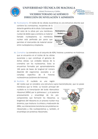 UNIVERSIDAD TÉCNICA DE MACHALA
Calidad,PertinenciayCalidez
VICERRECTORADO ACADÉMICO
DIRECCIÓN DE NIVELACIÓN Y ADMISIÓN
10. Nucleoplasma: El núcleo de las células eucarióticas es una estructura discreta que
contiene los cromosomas, recipientes de la
dotación genética de la célula. Está separado
del resto de la célula por una membrana
nuclear de doble capa y contiene un material
llamado nucleoplasma. La membrana
nuclear está perforada por poros que
permiten el intercambio de material celular
entre nucleoplasma y citoplasma.
11. Cromatina: La cromatina es el conjunto de ADN, histonas y proteínas no histónicas
que se encuentra en el núcleo de las células
eucariotas y que constituye el genoma de
dichas células. Las unidades básicas de la
cromatina son los nucleosomas. Estos se
encuentran formados por aproximadamente
146 pares de bases de longitud (el número
depende del organismo), asociados a un
complejo específico de 8 histonas
nucleosómicas (octámero de histonas).
12. Nucléolo: El nucléolo es una región
del núcleo que se considera una estructura supra-macromolecular, que no posee
membrana que lo limite. La función principal del
nucléolo es la transcripción del ácido ribonucleico
ribosomal (ARNr) por la polimerasa I, y el posterior
procesamiento y ensamblaje de los pre-
componentes que formarán los ribosomas. La
biogénesis del ribosoma es un proceso nuclear muy
dinámico, que involucra: la síntesis y maduración de
ARNr, sus interacciones transitorias con proteínas no-
ribosomales y ribo nucleoproteínas y, también, el
ensamblaje con proteínas ribosomales.
 