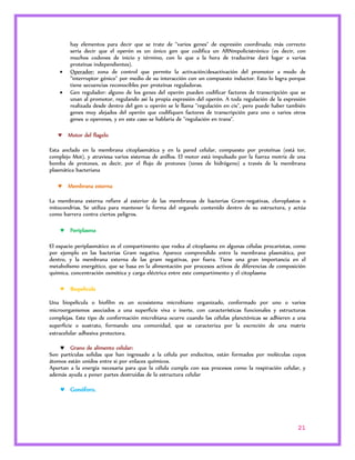 hay elementos para decir que se trate de "varios genes" de expresión coordinada; más correcto 
sería decir que el operón es un único gen que codifica un ARNmpolicistrónico (es decir, con 
muchos codones de inicio y término, con lo que a la hora de traducirse dará lugar a varias 
proteínas independientes). 
 Operador: zona de control que permite la activación/desactivación del promotor a modo de 
"interruptor génico" por medio de su interacción con un compuesto inductor. Esto lo logra porque 
tiene secuencias reconocibles por proteínas reguladoras. 
 Gen regulador: alguno de los genes del operón pueden codificar factores de transcripción que se 
unan al promotor, regulando así la propia expresión del operón. A toda regulación de la expresión 
realizada desde dentro del gen u operón se le llama "regulación en cis", pero puede haber también 
genes muy alejados del operón que codifiquen factores de transcripción para uno o varios otros 
genes u operones, y en este caso se hablaría de "regulación en trans". 
21 
 Motor del flagelo 
Esta anclado en la membrana citoplasmática y en la pared celular, compuesto por proteínas (está tor, 
complejo Mot), y atraviesa varios sistemas de anillos. El motor está impulsado por la fuerza motriz de una 
bomba de protones, es decir, por el flujo de protones (iones de hidrógeno) a través de la membrana 
plasmática bacteriana 
 Membrana externa 
La membrana externa refiere al exterior de las membranas de bacterias Gram-negativas, cloroplastos o 
mitocondrias. Se utiliza para mantener la forma del organelo contenido dentro de su estructura, y actúa 
como barrera contra ciertos peligros. 
 Periplasma 
El espacio periplasmático es el compartimento que rodea al citoplasma en algunas células procariotas, como 
por ejemplo en las bacterias Gram negativa. Aparece comprendido entre la membrana plasmática, por 
dentro, y la membrana externa de las gram negativas, por fuera. Tiene una gran importancia en el 
metabolismo energético, que se basa en la alimentación por procesos activos de diferencias de composición 
química, concentración osmótica y carga eléctrica entre este compartimento y el citoplasma 
 Biopelicula 
Una biopelícula o biofilm es un ecosistema microbiano organizado, conformado por uno o varios 
microorganismos asociados a una superficie viva o inerte, con características funcionales y estructuras 
complejas. Este tipo de conformación microbiana ocurre cuando las células planctónicas se adhieren a una 
superficie o sustrato, formando una comunidad, que se caracteriza por la excreción de una matriz 
extracelular adhesiva protectora. 
 Grano de alimento celular: 
Son partículas solidas que han ingresado a la célula por endocitos, están formados por moléculas cuyos 
átomos están unidos entre si por enlaces químicos. 
Aportan a la energía necesaria para que la célula cumpla con sus procesos como la respiración celular, y 
además ayuda a poner partes destruidas de la estructura celular 
 Gonóforo. 
 