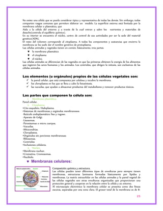 No existe una célula que se pueda considerar típica y representativa de todas las demás. Sin embargo, todas 
comparten rasgos comunes que permiten elaborar un modelo. La superficie externa está limitada por la 
membrana celular o plasmática, que 
Aísla a la célula del entorno y a través de la cual entran y salen los nutrientes y materiales de 
desecho(controla el equilibrio químico). 
En su interior se encuentra el núcleo, centro de control de sus actividades por ser la sede del material 
genético(ADN). 
El resto del volumen corresponde al citoplasma. A todos los componentes y sustancias que encierra la 
membrana se les suele dar el nombre genérico de protoplasma. 
Las células animales y vegetales tienen en común, básicamente, tres partes: 
25 
 la membrana plasmática 
 el citoplasma 
 el núcleo. 
Las células animales se diferencian de las vegetales en que las primeras obtienen la energía de los alimentos 
que ingieren los seres humanos y los animales. Los centriolos, que dirigen la mitosis, son exclusivos de las 
células animales. 
Los elementos (u orgánulos) propios de las células vegetales son: 
 la pared celular, que está compuesta por celulosa y recubre la membrana. 
 los cloroplastos en los que se lleva a cabo la fotosíntesis. 
 las vacuolas, que ayudan a almacenar productos del metabolismo y remover productos tóxicos. 
Las partes que componen la célula son: 
1. Membrana plasmática. 
Pared celular. 
2. Citoplasma: 
•Cito esqueleto. Hialoplasma. 
•Sistemas de membranas y orgánulos membranosos: 
-Retículo endoplasmático: liso y rugoso. 
-Aparato de Golgi. 
-Lisosomas. 
-Peroxisomas o micro cuerpos. 
-Vacuolas. 
-Mitocondrias. 
-Cloroplastos. 
•Orgánulos sin porciones membranosas: 
-Ribosomas. 
-Centriolos 
•Inclusiones celulares. 
3. Núcleo: 
•Membrana nuclear. 
•Cromatina. Cromosomas. 
•Nucléolo. 
 Membranas celulares: 
Composición química y estructura. 
Las células pueden tener diferentes tipos de envolturas pero siempre tienen 
membranas, estructuras laminares formadas básicamente por lípidos y 
membranas. La matriz extracelular en las células animales y la pared vegetal de 
las células vegetales son otras envolturas organizadas que proporcionan una 
protección general y cooperan en la relación entre la célula y su entorno. 
Al microscopio electrónico la membrana celular se presenta como dos líneas 
oscuras, separadas por una zona clara. El grosor total de la membrana es de 8- 
 
