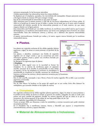 estructura serpenteada. En las hormonas esteroideas 
(Células suprarrenales), las mitocondrias tienen las crestas tubulares. 
Se desplazan por el citoplasma, asociadas a los microtúbulos del citoesqueleto. Ocupan posiciones cercanas 
a los lugares donde se consume ATP para conseguir energía. 
Una de las característicasde la mitocondria es que posee su propio 
ADN (elementos para la síntesis proteica) y todo ello de una forma independiente de la forma celular. El 
ADN no se hereda por la misma vía que el celular o nuclear, de tal modo que en el varón, todo el material 
mitocondrial del embrión procede de las mitocondrias presentes en el óvulo materno, sin que exista 
ninguna relación con la figura paterna. 
Una mitocondria está limitada por una doble membrana, la membrana mitocondrial externa que la separa 
del hialoplasma, y la membrana mitocondrial interna, que forma unos repliegues hacia el interior, las crestas 
mitocondriales. Estas dos membranas (interna y externa), van a delimitar dos espacios mitocondriales 
internos: 
el espacio intermembranoso, limitado por ambas, y la matriz, espacio interno limitado por la membrana 
mitocondrial interna. 
32 
 Plastos. 
Los plastos son orgánulos exclusivos de las células vegetales (plantas 
superiores y algas). Se sitúan en zonas próximas a la periferia de las 
células. 
Los plastos, o plastidios, constituyen una familia de orgánulos 
vegetales con un origen común y que se caracterizan por tener 
información genética propia y poseer una envoltura formada por 
una doble membrana. 
Se distinguen los siguientes tipos de plastos: 
1.-Etioplastos: 
Cuando la célula vegetal crece en la oscuridad se forman los 
etioplastos. En su sistema de membranas posee un pigmento 
amarillo, precursor de la clorofila, la protoclorofila. Si estas células 
se exponen a la luz, los etioplastos se convierten en cloroplastos: la 
protoclorofila se transforma en clorofila, aumentan las membranas 
internas y se forman las enzimas y demás sustancias necesarias para la fotosíntesis. 
2.-Cromoplastos: 
Dan el color amarillo, anaranjado o rojo a flores y frutos de muchos vegetales. Ello se debe a que acumulan 
pigmentos carotenoides 
3.-Leucoplastos: 
Son de color blanco. Se localizan en las partes del vegetal que no son verdes. Entre ellos destacan los 
amiloplastos, que acumulan almidón en los tejidos de reserva. 
 Cloroplastos. 
Son orgánulos exclusivos de las células vegetales (plantas superiores y algas). Se sitúan en zonas próximas a 
la periferia de las células. Su forma es variada, en general, son ovoides y alargados. Su color es verde, pues 
poseen una gran cantidad del pigmento clorofila. Su número depende del tipo de célula en la que se 
encuentren, por término general, en las células de una hoja puede haber de 30 a 50. 
Son los orgánulos responsables de la fotosíntesis. 
Tienen su propio ADN, sus ribosomas y todos los metabolitos y enzimas necesarios para poder sintetizar 
sus propias proteínas. 
En el cloroplasto hay 3 membranas (externa, interna y tilacoidal) que separan 3 compartimentos 
(intermembranoso, estroma y espacio tilacoidal). 
 Material de Almacenamiento o Inclusiones. 
 