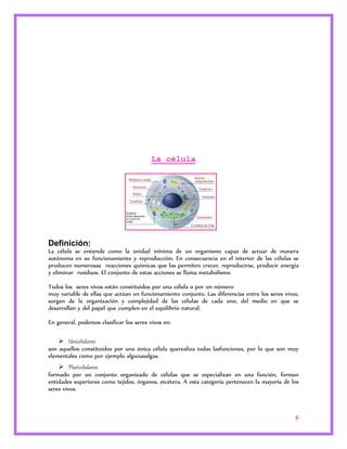 6 
La célula 
Definición: 
La célula se entiende como la unidad mínima de un organismo capaz de actuar de manera 
autónoma en su funcionamiento y reproducción. En consecuencia en el interior de las células se 
producen numerosas reacciones químicas que las permiten crecer, reproducirse, producir energía 
y eliminar residuos. El conjunto de estas acciones se llama metabolismo 
Todos los seres vivos están constituidos por una célula o por un número 
muy variable de ellas que actúan en funcionamiento conjunto. Las diferencias entre los seres vivos, 
surgen de la organización y complejidad de las células de cada uno, del medio en que se 
desarrollan y del papel que cumplen en el equilibrio natural. 
En general, podemos clasificar los seres vivos en: 
 Unicelulares: 
son aquellos constituidos por una única célula querealiza todas lasfunciones, por lo que son muy 
elementales como por ejemplo algunasalgas. 
 Pluricelulares: 
formado por un conjunto organizado de células que se especializan en una función, forman 
entidades superiores como tejidos, órganos, etcétera. A esta categoría pertenecen la mayoría de los 
seres vivos. 
 