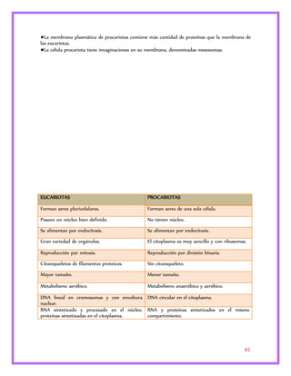 ●La membrana plasmática de procariotas contiene más cantidad de proteínas que la membrana de 
las eucariotas. 
●La célula procariota tiene invaginaciones en su membrana, denominadas mesosomas. 
41 
EUCARIOTAS PROCARIOTAS 
Forman seres pluricelulares. Forman seres de una sola célula. 
Poseen un núcleo bien definido. No tienen núcleo. 
Se alimentan por endocitosis. Se alimentan por endocitosis. 
Gran variedad de orgánulos. El citoplasma es muy sencillo y con ribosomas. 
Reproducción por mitosis. Reproducción por división binaria. 
Citoesqueletos de filamentos proteicos. Sin citoesqueleto. 
Mayor tamaño. Menor tamaño. 
Metabolismo aeróbico. Metabolismo anaeróbico y aeróbico. 
DNA lineal en cromosomas y con envoltura 
nuclear. 
DNA circular en el citoplasma. 
RNA sintetizado y procesado en el núcleo, 
proteínas sintetizadas en el citoplasma. 
RNA y proteínas sintetizados en el mismo 
compartimiento. 
 
