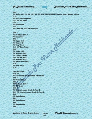 Mi Biblia de trucos xp….                                Elaborado por : Vìctor Maldonado….

1024 *
TCP NetSpy 1027 TCP ICQ 1029 TCP ICQ 1032 TCP ICQ 1080 TCP Used to detect Wingate sniffers.
1170 *
TCP Voice Streaming Audio
1243 TCP Sub Seven
1245 *
TCP VooDoo Doll
1492 *
TCP FTP99CMP 1981 TCP Shockrave

1999 *
TCP BackDoor 2001 *
TCP Trojan Cow
2023 *
TCP Ripper 2115 *
TCP Bugs 2140 *
TCP Deep Throat
2140 UDP Deep Throat
2565 *
TCP Striker 2583 *
TCP WinCrash 2801 *
TCP Phineas Phucker
2989 UDP Rat 3024 *
TCP WinCrash 3129 *
TCP Master's Paradise
3150 *
TCP Deep Throat
3150

UDP Deep Throat
3389 3 *
TCP See footnote 3 at the bottom of this table.
3700 *
TCP Portal of Doom
4092 *
TCP WinCrash 4590 *
TCP ICQ Trojan
5000 2
TCP Detects & blocks Sokets de Trois v1.
5001 TCP Detects & blocks Sokets de Trois v1.
5400 *
TCP Blade Runner
5401 *
TCP Blade Runner
5402 *
TCP Blade Runner
5569 *


Enviame tu truco de xp o vista….            Página       Vlmp82@hotmail.com....
                                            133
 