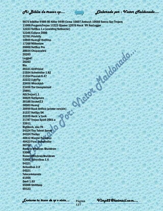 Mi Biblia de trucos xp….                                Elaborado por : Vìctor Maldonado….

9875 InIkiller 9989 iNi-Killer 9989 Coma 10607 Ambush 10666 Senna Spy Trojans
11000 ProgenicTrojan 11223 Gjamer 12076 Hack´99 KeyLogger
12223 NetBus 1.x (avoiding Netbuster)
12346 Eclipse 2000
12701 Priotrity
16969 Kuang2 theVirus
17300 Millenium
20000 NetBus Pro
20034 Chupacabra
20203
Logged!
20203
Bla
20331 GirlFriend
21554 Schwindler 1.82
21554 Prosiak 0.47
22222 UglyFtp
23456 WhackJob
23456 The Unexplained
29891
AOLTrojan1.1
30029 NetSphere
30100 Socket23
30303 Kuang
30999 Back Orifice (primer versión)
31337 NetSpy DK
31339 Hack'a'tack
31787 Trojan Spirit 2001 a
33911
BigGluck, aka TN
34324 Tiny Telnet Server
34324 TheSpy
40412 Master Paradise
40423 Fore, Schwindler
50766
Remote Windows Shutdown
53001
RemoteWindowsShutdown
53001 Schoolbus 1.6
54321
Schoolbus 2.0
54321
Telecommando
61466
Devil 1.03
65000 ShitHeep
69123


Enviame tu truco de xp o vista….        Página          Vlmp82@hotmail.com....
                                        137
 