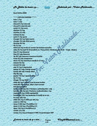 Mi Biblia de trucos xp….                                     Elaborado por : Vìctor Maldonado….

Back Orifice 2000

**** LISTA DE PUERTOS *****
echo 7/tcp
echo 7/udp
discard 9/tcp sink null
discard 9/udp sink null
systat 11/tcp users
daytime 13/tcp
daytime 13/udp
netstat 15/tcp
qotd 17/tcp quote
chargen 19/tcp ttytst source
chargen 19/udp ttytst source
ftp-data 20/tcp
ftp 21/tcp
telnet 23/tcp te dice la version del sistema operativo
smtp 25/tcp mail Un tio jose@ctv.es. Pues poneis; telnet pop.ctv.es 25 -- luego, vrfy jose
time 37/tcp timserver
time 37/udp timserver
rlp 39/udp resource # resource location
name 42/udp nameserver
whois 43/tcp nicname # usually to sri-nic
domain 53/tcp
domain 53/udp
mtp 57/tcp # deprecated
bootps 67/udp # bootp server
bootpc 68/udp # bootp client
tftp 69/udp
gopher 70/tcp # gopher server
rje 77/tcp
#finger 79/tcp TEST
#http 80/tcp # www is used by some broken
#www 80/tcp # progs, http is more correct
link 87/tcp ttylink
kerberos 88/udp kdc # Kerberos authentication—udp
kerberos 88/tcp kdc # Kerberos authentication—tcp
supdup 95/tcp # BSD supdupd(8)
hostnames 101/tcp hostname # usually to sri-nic
iso-tsap 102/tcp
x400 103/tcp # x400-snd 104/tcp
csnet-ns 105/tcp
#pop-2 109/tcp # PostOffice V.2
#pop-3 110/tcp # PostOffice V.3
#pop 110/tcp # PostOffice V.3
sunrpc 111/tcp
sunrpc 111/tcp portmapper # RPC 4.0 portmapper UDP


Enviame tu truco de xp o vista….            Página            Vlmp82@hotmail.com....
                                            138
 