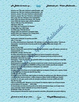 Mi Biblia de trucos xp….                                    Elaborado por : Vìctor Maldonado….

kerberos-sec 750/udp # Kerberos authentication—udp
kerberos-sec 750/tcp # Kerberos authentication—tcp
kerberos_master 751/udp # Kerberos authentication
kerberos_master 751/tcp # Kerberos authentication
krb5_prop 754/tcp # Kerberos slave propagation
listen 1025/tcp listener RFS remote_file_sharing
nterm 1026/tcp remote_login network_terminal
#kpop 1109/tcp # Pop with Kerberos
ingreslock 1524/tcp
tnet 1600/tcp # transputer net daemon
cfinger 2003/tcp # GNU finger
nfs 2049/udp # NFS File Service
eklogin 2105/tcp # Kerberos encrypted rlogin
krb524 4444/tcp # Kerberos 5 to 4 ticket xlator
irc 6667/tcp # Internet Relay Chat

Explicación y definición de puertos para RED
echo (7/tcp,udp)
Se utiliza únicamente para depuración. Sin embargo, un atacante puede realizar "labores de
depuración" creando bucles en la red a partir de este puerto (véase udp chargen/19).
BLOQUEAR.
systat (11/tcp/udp)
Muestra información acerca del host como usuarios conectados, carga del sistema, procesos en
funcionamiento, etc...
BLOQUEAR. chargen (19/tcp,udp)
Se utiliza únicamente para depuración. Basta con enviar un paquete a este puerto
aparentemente originado en el puerto de echo (7/udp) para provocar un bucle en la red.
BLOQUEAR. telnet (23/tcp,udp)
Vulnerable a "toma de sesiones". Es preferible utilizar en su lugar otras soluciones como SSH.
smtp (25/tcp,udp)
Históricamente la mayoría de las entradas en hosts han venido a través de este puerto. Se debe
FILTRAR este puerto y mantener SIEMPRE la última versión estable conocida de cualquier
programa de correo, especialmente si trabajamos con sendmail.
time (37/tcp,udp)
Devuelve la hora del sistema en un formato legible por la máquina (4 bytes mas o menos). Puede
ser accedido tras un ataque vía ntp(123/tcp,udp).
nameserver (42/tcp,udp)
Si dispone de una red privada, debe instalar un servidor de nombres para ella. Bloquee el acceso
a dicho servidor desde el exterior, y utilice siempre la última versión de BIND para resolver
nombres. En este caso, puede cortar sin excesivos problemas el acceso al DNS sobre UDP.
tftp (69/tcp,udp)
Falta de autentificación. Bloquear si no se dispone de máquina alguna con arranque remoto.
private dialout (75/tcp,udp) - - - [RFC1700]
Si encontramos una traza de este puerto en los diarios del sistema (logs), en el mejor de los
casos estaremos siendo analizados por un scanner de puertos.
BLOQUEAR. finger (79/tcp,udp)
Puede obtenerse información acerca de usuarios concretos, información que puede utilizarse


Enviame tu truco de xp o vista….           Página            Vlmp82@hotmail.com....
                                           140
 