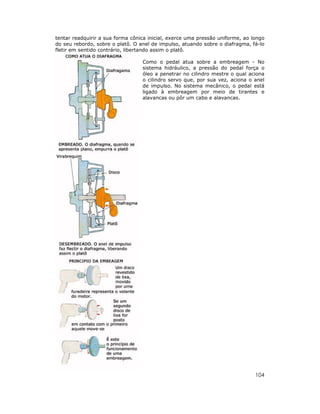 104
tentar readquirir a sua forma cônica inicial, exerce uma pressão uniforme, ao longo
do seu rebordo, sobre o platô. O anel de impulso, atuando sobre o diafragma, fá-lo
fletir em sentido contrário, libertando assim o platô.
Como o pedal atua sobre a embreagem - No
sistema hidráulico, a pressão do pedal força o
óleo a penetrar no cilindro mestre o qual aciona
o cilindro servo que, por sua vez, aciona o anel
de impulso. No sistema mecânico, o pedal está
ligado à embreagem por meio de tirantes e
alavancas ou pôr um cabo e alavancas.
 