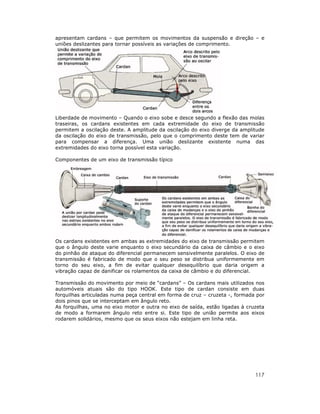 117
apresentam cardans – que permitem os movimentos da suspensão e direção – e
uniões deslizantes para tornar possíveis as variações de comprimento.
Liberdade de movimento – Quando o eixo sobe e desce segundo a flexão das molas
traseiras, os cardans existentes em cada extremidade do eixo de transmissão
permitem a oscilação deste. A amplitude da oscilação do eixo diverge da amplitude
da oscilação do eixo de transmissão, pelo que o comprimento deste tem de variar
para compensar a diferença. Uma união deslizante existente numa das
extremidades do eixo torna possível esta variação.
Componentes de um eixo de transmissão típico
Os cardans existentes em ambas as extremidades do eixo de transmissão permitem
que o ângulo deste varie enquanto o eixo secundário da caixa de câmbio e o eixo
do pinhão de ataque do diferencial permanecem sensivelmente paralelos. O eixo de
transmissão é fabricado de modo que o seu peso se distribua uniformemente em
torno do seu eixo, a fim de evitar qualquer desequilíbrio que daria origem a
vibração capaz de danificar os rolamentos da caixa de câmbio e do diferencial.
Transmissão do movimento por meio de “cardans” – Os cardans mais utilizados nos
automóveis atuais são do tipo HOOK. Este tipo de cardan consiste em duas
forquilhas articuladas numa peça central em forma de cruz – cruzeta -, formada por
dois pinos que se interceptam em ângulo reto.
As forquilhas, uma no eixo motor e outra no eixo de saída, estão ligadas à cruzeta
de modo a formarem ângulo reto entre si. Este tipo de união permite aos eixos
rodarem solidários, mesmo que os seus eixos não estejam em linha reta.
 