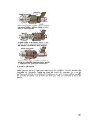 181
BOBINA DE CHAMADA
Neste sistema, que tem a vantagem de evitar a destruição do induzido, a bobina de
chamada, ou solenóide, fixada ao corpo do motor de arranque por meio de
parafusos, apresenta, numa das extremidades do seu eixo móvel, a placa que põe
em contato a bateria com o motor de arranque uma vez acionada a chave de
ignição.
 