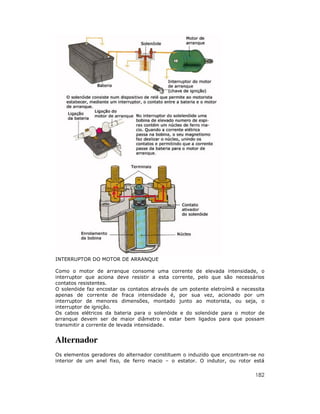182
INTERRUPTOR DO MOTOR DE ARRANQUE
Como o motor de arranque consome uma corrente de elevada intensidade, o
interruptor que aciona deve resistir a esta corrente, pelo que são necessários
contatos resistentes.
O solenóide faz encostar os contatos através de um potente eletroímã e necessita
apenas de corrente de fraca intensidade é, por sua vez, acionado por um
interruptor de menores dimensões, montado junto ao motorista, ou seja, o
interruptor de ignição.
Os cabos elétricos da bateria para o solenóide e do solenóide para o motor de
arranque devem ser de maior diâmetro e estar bem ligados para que possam
transmitir a corrente de levada intensidade.
Alternador
Os elementos geradores do alternador constituem o induzido que encontram-se no
interior de um anel fixo, de ferro macio – o estator. O indutor, ou rotor está
 