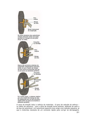 201
A caixa de direção reduz o esforço do motorista - O grau de redução do esforço –
ou efeito de alavanca – que a caixa de direção torna possível, depende do peso e
do tipo de automóvel. Um automóvel esportivo leve exige uma redução pequena, já
que o motorista necessita de um comando rápido para corrigir as derrapagens.
 
