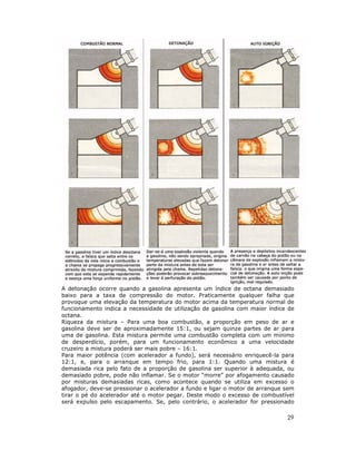 29
A detonação ocorre quando a gasolina apresenta um índice de octana demasiado
baixo para a taxa de compressão do motor. Praticamente qualquer falha que
provoque uma elevação da temperatura do motor acima da temperatura normal de
funcionamento indica a necessidade de utilização de gasolina com maior índice de
octana.
Riqueza da mistura – Para uma boa combustão, a proporção em peso de ar e
gasolina deve ser de aproximadamente 15:1, ou sejam quinze partes de ar para
uma de gasolina. Esta mistura permite uma combustão completa com um mínimo
de desperdício, porém, para um funcionamento econômico a uma velocidade
cruzeiro a mistura poderá ser mais pobre – 16:1.
Para maior potência (com acelerador a fundo), será necessário enriquecê-la para
12:1, e, para o arranque em tempo frio, para 1:1. Quando uma mistura é
demasiada rica pelo fato de a proporção de gasolina ser superior à adequada, ou
demasiado pobre, pode não inflamar. Se o motor “morre” por afogamento causado
por misturas demasiadas ricas, como acontece quando se utiliza em excesso o
afogador, deve-se pressionar o acelerador a fundo e ligar o motor de arranque sem
tirar o pé do acelerador até o motor pegar. Deste modo o excesso de combustível
será expulso pelo escapamento. Se, pelo contrário, o acelerador for pressionado
 