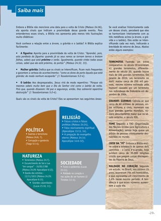 Embora a Bíblia não mencione uma data para a volta de Cristo (Mateus 24:36),
ela aponta sinais que indicam a proximidade desse grande evento. Para
entendermos esses sinais, a Bíblia nos apresenta pelo menos três ilustrações
muito didáticas:
Você conhece a relação entre a árvore, a grávida e o ladrão? A Bíblia explica
facilmente:
•	 A figueira: Aponta para a proximidade da volta de Cristo: “Aprendei, pois,
esta parábola da figueira: quando já os seus ramos se tornam tenros e brotam
folhas, sabeis que está próximo o verão. Igualmente, quando virdes todas essas
coisas, sabei que ele está próximo, às portas” (Mateus 24:32, 33).
•	 Mulher grávida: Indica que os sinais se intensificam, ficam mais frequentes
e garantem a certeza do acontecimento: “como as dores de parto àquela que está
grávida; de modo nenhum escaparão” (1 Tessalonicenses 5:2-4).
•	 O ladrão: Aos despreparados, Jesus virá de modo repentino: “Porque vós
mesmos sabeis muito bem que o Dia do Senhor virá como o ladrão de noite.
Pois que, quando disserem: Há paz e segurança, então, lhes sobrevirá repentina
destruição” (1 Tessalonicenses 5:2-4).
Quais são os sinais da volta de Cristo? Eles se apresentam nas seguintes áreas:
POLÍTICA
•	Guerras e terrorismo
(Mateus 24:6, 7).
•	Corrupção e ganância
(Tiago 5:1-4).
NATUREZA
•	Terremotos (Mateus 24:7).
•	Escurecimento do Sol e Lua
“em sangue” - 19/05/1780
(Mateus 24:29; Apocalipse 6:12).
•	Queda das estrelas -
13/11/1833 (Mateus 24:29;
Apocalipse 6:13).
•	 Grandes calamidades
(Lucas 21:10, 11).
SOCIEDADE
•	Fome e epidemias (Lucas
21:11).
•	Maldade no coração e
nas ações do ser humano (2
Timóteo 3:1-4).
RELIGIÃO
•	Falsos cristos e falsos
profetas (Mateus 24:24).
•	Falso reavivamento espiritual
(Apocalipse 13:13, 14).
•	A pregação do evangelho
eterno (Mateus 24:14;
Apocalipse 14:6-12).
Se você analisar historicamente cada
um desses sinais, perceberá que eles
se harmonizam inteiramente com as
três metáforas acima (a árvore, a grá-
vida e o ladrão). Eles estão se inten-
sificando cada vez mais, indicando a
brevidade do retorno de Jesus. Abaixo
estão alguns exemplos:
Terremotos Fazendo um breve
comparativo: no século 19 ocorreram
41 grandes terremotos, diferente-
mente do século 20, quando houve
mais de 100 grandes terremotos. Em
janeiro de 2010, um terremoto no
Haiti matou cerca de 200 mil pes-
soas, mesmo número estimado pelo
tsunami causado por um terremoto
nas redondezas da Indonésia em de-
zembro de 2004.
Grandes guerras Calcula-se que
cerca de 60 milhões de pessoas, en-
tre militares e civis, morreram nas
duas grandes guerras mundiais, nú-
mero absurdamente maior que no sé-
culo anterior, o século XIX.
Fome Segundo a FAO (Organização
das Nações Unidas para Agricultura e
Alimentação), existe hoje quase um
bilhão de pessoas cronicamente des-
nutridas no mundo.
Crise da “fé” Embora a Bíblia ensi-
ne sobre a existência de apenas dois
caminhos - o certo e o errado, hoje
existem cerca de 35.000 religiões
cristãs que pregam coisas discrepan-
tes da Palavra de Deus.
Maldade no coração Segundo
um estudo, no Brasil, nos últimos 25
anos, ocorreram 794 mil homicídios,
o que representa um crescimento de
5,6% nesse mesmo período. A ten-
dência é que esses números aumen-
tem a cada dia.
Saiba mais
•29•
 