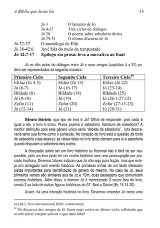 A Bíblia que Jesus lia 33
Jó 3 O lamento de Jó
Jó 4-27 Três ciclos de diálogos
Jó 28 O poema sobre sabedoria divina
Jó 29-31 O último discurso de Jó
Jó 32-37 O monólogo de Eliú
Jó 38-42:6 Javé fala do meio da tempestade
Jó 42:7-17 Epílogo em prosa: leva a narrativa ao final
Já os três ciclos de diálogos entre Jó e seus amigos (capítulos 4 a 31) po-
dem ser representados da seguinte maneira:
Primeiro Ciclo Segundo Ciclo Terceiro Ciclo40
Elifaz (Jó 4-5)
Jó (6-7)
Bildade (8)
Jó (9-10)
Zofar (11)
Jó (12-14)
Elifaz (Jó 15)
Jó (16-17)
Bildade (18)
Jó (19)
Zofar (20)
Jó (21)
Elifaz (Jó 22)
Jó (23-24)
Bildade (25)
Jó (26:1-27:12)
Zofar (27:13-23)
Jó (28-31)
Gênero literário: que tipo de livro é Jó? Difícil de responder, pois nada é
igual a ele, o livro é único. Prosa, poema à sabedoria, literatura de sabedoria? A
melhor definição para este gênero único seria “debate da sabedoria”. Isto descre-
veria tanto sua forma como o conteúdo. No coração do livro está a questão da fonte
de sabedoria (veja abaixo); as várias falas no livro tanto clamam para si a sabedoria
quanto disputam a sabedoria dos outros.
A discussão sobre ser um livro histórico ou ficcional não é fácil de ser res-
pondida, pois um livro pode ter um centro histórico sem uma preocupação por pre-
cisão histórica. Diversos fatores indicam que Jó não seja pura ficção, mas que este-
ja sim arraigado num evento histórico. As primeiras linhas de um texto oferecem
pistas importantes para identificação do gênero do mesmo. No caso de Jó, seus
primeiros versos são similares aos de Jz e 1Sm, duas passagens que comunicam
eventos históricos. Além disso, o homem Jó é mencionado 3 vezes fora do livro,
sendo 2 ao lado de outras figuras históricas do AT: Noé e Daniel (Ez 14:14-20).
Assim, há uma intenção histórica no livro. Devemos entender Jó como uma
ce (ed.), New international Bible commentary.
40
Os discursos dos amigos de Jó ficam mais curtos no último ciclo, refletindo que
os três talvez estejam sem ter o que mais falar!
 