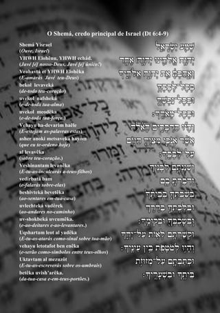 A Bíblia que Jesus lia 39
O Shemá, credo principal de Israel (Dt 6:4-9)
Shemá Yisrael
(Ouve, Israel)
‫ֵ֑ל‬‫א‬ ָ‫ר‬ ְׁ‫ש‬ִ‫י‬ ‫ַ֖ע‬‫מ‬ ְׁ‫ש‬
YHWH Elohênu, YHWH echád.
(Javé [é] nosso-Deus, Javé [é] único!)
‫ד‬ ָָֽ‫ח‬ ֶ‫א‬ ‫ָ֥ה׀‬ ָ‫הו‬ְׁ‫י‬ ‫ַ֖ינּו‬‫ֱֹלה‬‫א‬ ‫ָ֥ה‬ ָ‫הו‬ְׁ‫י‬
Veahavtá et YHWH Elohêka
(E-amarás Javé teu-Deus)
‫ֵ֑יָך‬ ֶ‫ֱֹלה‬‫א‬ ‫ָ֣ה‬ ָ‫הו‬ְׁ‫י‬ ‫ַ֖ת‬‫א‬ ָָּ֔‫ת‬ ְׁ‫ב‬‫ָ֣ה‬ ָ‫א‬ ְׁ‫ו‬
bekol levaveká
(de-todo teu-coração)
ָ֥‫ָך‬ ְׁ‫ב‬ ָ‫ב‬ ְׁ‫ל־ל‬ָ‫כ‬ ְׁ‫ב‬
uvekol nafsheká
(e-de-toda tua-alma)
ַ֖‫ָך‬ ְׁ‫ש‬ ְׁ‫פ‬‫ל־נ‬ָ‫כ‬ ְׁ‫ּוב‬
uvekol meodêka
(e-de-toda tua-força.)
‫ָך‬ ֶָֽ‫ֹד‬‫א‬ ְׁ‫ל־מ‬ָ‫כ‬ ְׁ‫ּוב‬‫׃‬
Vehayu ha-devarim haêle
(E-estejam as-palavras estas)
‫ה‬ֶ‫ל‬ ֵ֗‫א‬ ָ‫ה‬ ‫ים‬ ָ֣ ִ‫ר‬ ָ‫ב‬ ְׁ‫ד‬‫ה‬ ‫ּ֞ו‬‫י‬ ָ‫ה‬ ְׁ‫ו‬
asher anoki metsaveká hayom
(que eu te-ordeno hoje)
‫ַֹ֖ום‬‫י‬‫ה‬ ָ֛‫ָך‬ ְׁ‫ּו‬‫צ‬ ְׁ‫מ‬ ‫ִ֧י‬ ִ‫ֹכ‬‫נ‬ ָ‫א‬ ‫ר‬ ֶֶׁ֨‫ֲש‬‫א‬
al levavêka
(sobre teu-coração.)
‫ָך׃‬ ֶָֽ‫ב‬ ָ‫ב‬ ְׁ‫ל־ל‬‫ע‬
Veshinantam levanêka
(E-tu-as-inculcarás a-teus-filhos)
‫ָּ֔יָך‬ֶ‫נ‬ ָ‫ב‬ ְׁ‫ל‬ ‫ָ֣ם‬ ָ‫ת‬ְׁ‫נ‬‫נ‬ ִ‫ש‬ ְׁ‫ו‬
vedirbatá bam
(e-falarás sobre-elas)
‫ֵ֑ם‬ ָ‫ב‬ ַ֖ ָ‫ת‬ ְׁ‫ר‬‫ב‬ ִ‫ד‬ ְׁ‫ו‬
beshivteká bevetêka
(ao-sentares em-tua-casa)
ָ֙‫ָך‬ ֶֶׁ֨‫ית‬‫ב‬ ְׁ‫ב‬ ָ֤‫ָך‬ ְׁ‫ת‬ ְׁ‫ב‬ ִ‫ש‬ ְׁ‫ב‬
uvlechteká vadêrek
(ao-andares no-caminho)
‫ְך‬ ֶ‫ר‬ ֶָּ֔‫ד‬‫ב‬ ָ֣‫ָך‬ ְׁ‫ת‬ ְׁ‫כ‬ֶ‫ל‬ ְׁ‫ּוב‬
uv-shokbeká uvcumêka.
(e-ao-deitares e-ao-levantares.)
‫ָך׃‬ ֶָֽ‫קּומ‬ ְׁ‫ּוב‬ ַ֖‫ָך‬ ְׁ‫ב‬ ְׁ‫כ‬ָ‫ש‬ ְׁ‫ב‬ ָֽ‫ּו‬
Uqshartam leot al yadêka
(E-tu-as-atarás como-sinal sobre tua-mão)
‫ֵָ֑ך‬ ֶ‫ָד‬‫י‬‫ל־‬‫ע‬ ‫ֹות‬ ַ֖‫א‬ ְׁ‫ל‬ ‫ם‬ָ֥ ָ‫ת‬ ְׁ‫ר‬‫ש‬ ְׁ‫ּוק‬
vehayu letotafot ben enêka
(e-serão como-símbolos entre teus-olhos)
‫ָֽיָך׃‬ֶ‫ינ‬‫ע‬ ‫ָ֥ין‬‫ב‬ ‫ת‬ַֹ֖‫פ‬ ָ‫ֹט‬‫ט‬ ְׁ‫ל‬ ‫ָּ֥ו‬‫י‬ ָ‫ה‬ ְׁ‫ו‬
Uktavtam al mezuzôt
(E-tu-as-escreverás sobre os-umbrais)
‫ָ֥ת‬ֹ‫ז‬‫זּו‬ ְׁ‫ל־מ‬‫ע‬ ‫ָ֛ם‬ ָ‫ת‬ ְׁ‫ב‬‫ת‬ ְׁ‫ּוכ‬
betêka uvish’arêka.
(da-tua-casa e-em-teus-portões.)
ָ‫ע‬ ְׁ‫ש‬ ִ‫ּוב‬ ‫ָך‬ַ֖ ֶ‫ית‬‫ב‬‫יָך׃‬ ֶָֽ‫ר‬
 