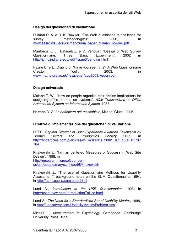 I questionari di usabilità dei siti Web Bibliografia ragionata