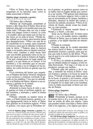 12 Pero el Señor hizo que el faraón se
empeñase en no hacerles caso, como lo
había anunciado el Señor.
Séptima plaga: tormenta y granizo
(Ap 11,19; 16,17s; Sal 18; Sab 16,22)
13 El Señor dijo a Moisés:
–Mañana de madrugada, preséntate al
faraón y dile: Esto dice el Señor, Dios de los
hebreos: deja salir a mi pueblo para que me
rinda culto. 14 Porque esta vez voy a soltar
todas mis plagas contra ti mismo, tu corte
y tu pueblo, para que sepas que no hay na-
die como yo en toda la tierra. 15 Podía ha-
ber soltado ya mi mano para herirlos hasta
que desaparecieran. 16 Pero con este ﬁn te
he mantenido en tu puesto, para mostrarte
mi fuerza y para que se difunda mi fama en
toda la tierra. 17 Todavía alzas tu barrera
frente a mi pueblo para no dejarlo marchar.
18 Pero mira, mañana a estas horas haré
caer una terrible granizada como no ha ca-
ído otra igual en toda la historia de Egipto.
19 Así que, manda poner en lugar seguro tu
ganado y lo que tienes en el campo. A los
hombres y a los animales que se encuen-
tren en el campo y no se refugien en los es-
tablos, les caerá encima un granizo que los
matará.
20 Los ministros del faraón que respeta-
ron la Palabra del Señor hicieron refugiarse
a sus esclavos y metieron corriendo el ga-
nado en los establos; 21 los que no atendie-
ron a la Palabra del Señor, dejaron a sus es-
clavos y ganado en el campo.
22 El Señor dijo a Moisés:
–Extiende tu mano hacia el cielo y cae-
rá granizo en todo el territorio egipcio: so-
bre hombres y animales y sobre la hierba
del campo.
23 Moisés extendió su bastón hacia el
cielo, y el Señor lanzó truenos, granizo y ra-
yos zigzagueando hacia la tierra; el Señor
hizo granizar en el territorio egipcio. 24 Vino
el granizo, con rayos que se formaban en-
tre el granizo, un pedrisco grueso como no
se había visto en Egipto desde que comen-
zó a ser nación. 25 El granizo hizo destrozos
en todo el territorio egipcio: hirió a todo lo
que se encontraba en el campo, hombres y
animales, destrozó la hierba del campo y
tronchó los árboles silvestres. 26 Pero en te-
rritorio de Gosén, donde vivían los israeli-
tas, no cayó granizo.
27 Entonces el faraón mandó llamar a
Moisés y a Aarón, y les dijo:
–Esta vez he obrado mal. El Señor tiene
razón, y yo y mi pueblo somos culpables.
28 Recen al Señor, que ya basta de truenos
y granizo, y los dejaré marchar sin retener-
los más.
29 Moisés le contestó:
–Cuando salga de la ciudad extenderé
las manos hacia el Señor, y cesarán com-
pletamente truenos y granizo, para que se-
pas que toda la tierra es del Señor. 30 Aun-
que sé que tú y tu corte todavía no respetan
al Señor Dios.
31 –El lino y la cebada se perdieron, por-
que la cebada estaba en espiga y el lino es-
taba ﬂoreciendo, 32 el trigo y el mijo no se
perdieron, porque son tardíos–.
33 Moisés salió del palacio y de la ciu-
dad, y extendió las manos al Señor: cesa-
ron truenos y granizo y la lluvia no azotó la
tierra. 34 Viendo el faraón que habían cesa-
do la lluvia, el granizo y los truenos, volvió
a pecar y se puso terco, él con su corte, 35 y
se empeñó en no dejar salir a los israelitas,
como lo había anunciado el Señor por me-
dio de Moisés.
Octava plaga: langostas
(Jl 1,2-12; Ap 9,1-11)
1 El Señor dijo a Moisés:
–Preséntate al faraón, porque yo lo
he puesto terco a él y a su corte, para rea-
lizar en medio de ellos mis signos; 2 para
que puedas contar a tus hijos y nietos cómo
traté a los egipcios, y los signos que ejecu-
10
9,13-35 Séptima plaga: tormenta y granizo. Por
tercera vez, el faraón tiene que recurrir a Moisés para
que ore en su favor y lo libere de este nuevo azote; al
que se le pide liberación implora ser liberado. Aparte
de esta actitud hay otra novedad en el relato: el reco-
nocimiento del pecado o la culpa del gobernante
egipcio y su corte (27); de otro lado está la declara-
ción de Moisés de que el Señor es el dueño del mun-
do, algo que debió doler al faraón. Sin embargo, ni así
cambia de actitud: de nuevo hace sentir su poder y no
permite la salida de los israelitas (34).
10,1-20 Octava plaga: langostas. Por primera vez
se constata la intervención de los ministros del faraón
que comienzan a exasperarse y le piden acceder a la
petición de los hebreos. Su intervención no es tanto a
favor de los esclavos, sino a favor del país que se está
103 ÉXODO 10
 