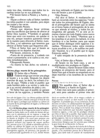 rante tres días, mientras que todos los is-
raelitas tenían luz en sus poblados.
24 El faraón llamó a Moisés y a Aarón, y
les dijo:
–Vayan a ofrecer culto al Señor; también
los niños pueden ir con ustedes, pero dejen
las ovejas y las vacas.
25 Respondió Moisés:
–Tienes que dejarnos llevar víctimas
para los sacriﬁcios que hemos de ofrecer al
Señor Dios nuestro. 26 También el ganado
tiene que venir con nosotros, sin quedar ni
una res, porque nosotros queremos tomar
de lo nuestro para ofrecerlo al Señor, nues-
tro Dios, y no sabremos qué tenemos que
ofrecer al Señor hasta que lleguemos allá.
27 Pero el Señor hizo que el faraón se
empeñara en no dejarlos marchar.
28 El faraón, entonces, le dijo:
–Fuera de mi presencia, y cuidado con
volver a presentarte; si te vuelvo a ver, mo-
rirás inmediatamente.
29 Respondió Moisés:
–Tú mismo lo has dicho: no volveré a
verte.
Décima plaga: muerte de los primogénitos
1 El Señor dijo a Moisés:
–Todavía tengo que enviar una plaga
al faraón y a su país. Después los dejará
marchar de aquí, es decir, los echará a to-
dos de aquí. 2 Habla a todo el pueblo: que
cada hombre pida a su vecino y cada mu-
jer a su vecina utensilios de plata y oro.
3 El Señor hizo que el pueblo se ganase
el favor de los egipcios, y también Moisés
11
era muy estimado en Egipto por los minis-
tros del faraón y por el pueblo.
4 Dijo Moisés:
–Así dice el Señor: A medianoche yo
haré un recorrido entre los egipcios; 5 mori-
rán todos los primogénitos de Egipto, des-
de el primogénito del faraón que se sienta
en el trono hasta el primogénito de la sier-
va que atiende al molino, y todos los pri-
mogénitos del ganado. 6 Y se oirá un in-
menso clamor por todo Egipto como nunca
lo ha habido ni lo habrá. 7 Mientras que a
los israelitas ni un perro les ladrará, ni a los
hombres ni a las bestias; para que sepan
que el Señor distingue entre egipcios e is-
raelitas. 8 Entonces todos estos ministros
tuyos acudirán a mí, y de rodillas me pedi-
rán: Váyanse, tú y el pueblo que te sigue.
Entonces saldré.
Y salió enojado de la presencia del fa-
raón.
9 Así, el Señor dijo a Moisés:
–El faraón no les hará caso, y así se
multiplicarán mis prodigios en Egipto.
10 Y Moisés y Aarón hicieron todos estos
prodigios en presencia del faraón; pero el
Señor hizo que el faraón se empeñara en no
dejar marchar a los israelitas de su territo-
rio.
Pascua
(Lv 23,5-8; Nm 9,1-14; Dt 16,1-8; Jos 5,10)
1 En aquellos días, el Señor dijo a
Moisés y a Aarón en Egipto:
2 –Este mes será para ustedes el princi-
pal, será para ustedes el primer mes del
12
ben salir de Egipto (25s). Las últimas palabras del diá-
logo entre el faraón y Moisés anticipan el ﬁnal de esta
serie de signos y prodigios que tendrán su culmen en
la muerte de los primogénitos de Egipto y la liberación
de los israelitas.
11,1-10 Décima plaga: muerte de los primogéni-
tos. El punto ﬁnal de la negociación entre el faraón y
Moisés se había dado con la salida de Moisés del pa-
lacio con la advertencia de no regresar a riesgo de
perder la vida. Se podría pensar que con esta amena-
za Moisés se dirigiría a los suyos para preparar una
partida precipitada, y aparentemente así es: los pre-
parativos incluyen una especie de saqueo pacíﬁco
(2s), previsto ya en 3,22, donde se aﬁrmaba que los is-
raelitas no saldrían de Egipto con las manos vacías.
Pero también incluye el anuncio de la muerte de los
primogénitos egipcios, de personas y de ganados (4-
7), preanunciada igualmente en 4,23, donde Moisés
decía en nombre de Dios: «Si te niegas a soltarlo –a
dejar marchar a Israel– yo daré muerte a tu hijo pri-
mogénito». Es probable que, en sus comienzos, las tra-
diciones en torno a la salida/expulsión de Egipto sólo
dieran cuenta del suceso de la «muerte de los primo-
génitos». Pero ya desde muy antiguo se le fueron aña-
diendo otras tradiciones que buscaban magniﬁcar la
resistencia egipcia, y más aún los prodigios obrados
por Dios en favor de su pueblo. Aquí queda anuncia-
da la decisión del Señor de hacer morir a los primo-
génitos egipcios. Aún no se realizará, porque los auto-
res bíblicos consideraron importante consignar las
instrucciones litúrgicas que les servirán para celebrar
la gran ﬁesta de su liberación: la Pascua.
12,1-14 Pascua. La ﬁjación de la fecha de la Pascua
tal como quedó establecida en Israel es proyectada al
pasado, a los momentos previos de la liberación de
Egipto, para darle todo el carácter de mandamiento
105 ÉXODO 12
 