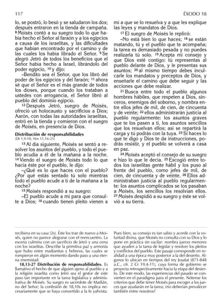 lo, se postró, lo besó y se saludaron los dos;
después entraron en la tienda de campaña.
8 Moisés contó a su suegro todo lo que ha-
bía hecho el Señor al faraón y a los egipcios
a causa de los israelitas, y las diﬁcultades
que habían encontrado por el camino y de
las cuales los había librado el Señor. 9 Se
alegró Jetró de todos los beneﬁcios que el
Señor había hecho a Israel, librándolo del
poder egipcio, 10 y dijo:
–Bendito sea el Señor, que los libró del
poder de los egipcios y del faraón; 11 ahora
sé que el Señor es el más grande de todos
los dioses, porque cuando los trataban a
ustedes con arrogancia, el Señor libró al
pueblo del dominio egipcio.
12 Después Jetró, suegro de Moisés,
ofreció un holocausto y sacriﬁcios a Dios;
Aarón, con todas las autoridades israelitas,
entró en la tienda y comieron con el suegro
de Moisés, en presencia de Dios.
Distribución de responsabilidades
(Dt 1,9-18; Nm 11,16-25)
13 Al día siguiente, Moisés se sentó a re-
solver los asuntos del pueblo, y todo el pue-
blo acudía a él de la mañana a la noche.
14 Viendo el suegro de Moisés todo lo que
hacía éste por el pueblo, le dijo:
–¿Qué es lo que haces con el pueblo?
¿Por qué estás sentado tú solo mientras
todo el pueblo acude a ti de la mañana a la
noche?
15 Moisés respondió a su suegro:
–El pueblo acude a mí para que consul-
te a Dios; 16 cuando tienen pleito vienen a
mí a que se lo resuelva y a que les explique
las leyes y mandatos de Dios.
17 El suegro de Moisés le replicó:
–No está bien lo que haces; 18 se están
matando, tú y el pueblo que te acompaña;
la tarea es demasiado pesada y no puedes
realizarla tú solo. 19 Acepta mi consejo y
que Dios esté contigo: tú representas al
pueblo delante de Dios, y le presentas sus
asuntos; 20 al mismo tiempo debes incul-
carle los mandatos y preceptos de Dios, y
enseñarle el camino que debe seguir y las
acciones que debe realizar.
21 Busca entre todo el pueblo algunos
hombres hábiles, que respeten a Dios, sin-
ceros, enemigos del soborno, y nombra en-
tre ellos jefes de mil, de cien, de cincuenta
y de veinte; 22 ellos administrarán justicia al
pueblo regularmente: los asuntos graves
que te los pasen a ti, los asuntos sencillos
que los resuelvan ellos; así se repartirá la
carga y tú podrás con la tuya. 23 Si haces lo
que te digo y Dios te da instrucciones, po-
drás resistir, y el pueblo se volverá a casa
en paz.
24 Moisés aceptó el consejo de su suegro
e hizo lo que le decía. 25 Escogió entre to-
dos los israelitas gente hábil y los puso al
frente del pueblo, como jefes de mil, de
cien, de cincuenta y de veinte. 26 Ellos ad-
ministraban justicia al pueblo regularmen-
te: los asuntos complicados se los pasaban
a Moisés, los sencillos los resolvían ellos.
27 Moisés despidió a su suegro y éste se vol-
vió a su tierra.
recibiera en su casa (2s). Éste los trae de nuevo a Moi-
sés, quien no parece alegrarse con el reencuentro. La
escena culmina con un sacriﬁcio de Jetró y una cena
con los israelitas. Describe la primitiva paz y armonía
que hubo entre madianitas y hebreos, las cuales se
rompieron en algún momento dando paso a una eter-
na enemistad.
18,13-27 Distribución de responsabilidades. Es
llamativo el hecho de que alguien ajeno al pueblo y a
la religión israelita como Jetró sea el gestor de este
paso tan importante en la tarea legislativa y adminis-
trativa de Moisés. Su suegro es sacerdote de Madián,
no del Señor; la confesión de 18,10s no implica ne-
cesariamente que se haya convertido a la fe yahvista.
Pues bien, su consejo es tan sabio y acorde con la vo-
luntad divina, que Moisés no consulta con su Dios y lo
pone en práctica sin vacilar: nombra jueces menores
que ayuden a la tarea de legislar y resolver los pleitos
y conﬂictos del pueblo. Este pasaje corresponde en re-
alidad a una época muy posterior a la del desierto. Al-
gunos lo ubican en tiempos del rey Josafat (871-848
a.C., cfr. 2 Cr 19,4-11), cuya forma de gobierno se
proyecta retrospectivamente hacia la etapa del desier-
to. De este modo, las experiencias del pasado se con-
vierten en el paradigma para el presente. Nótense los
criterios que debe tener Moisés para escoger a los jue-
ces que ayudarán en la tarea; ¿no deberían prevalecer
también entre nosotros?
117 ÉXODO 18
 