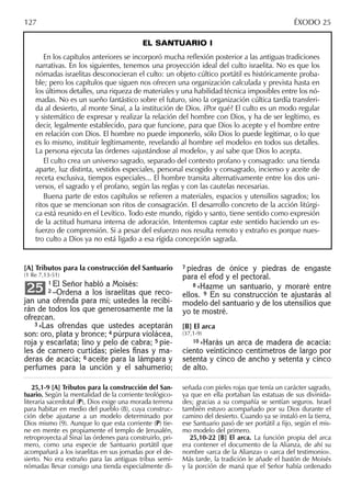 EL SANTUARIO I
En los capítulos anteriores se incorporó mucha reﬂexión posterior a las antiguas tradiciones
narrativas. En los siguientes, tenemos una proyección ideal del culto israelita. No es que los
nómadas israelitas desconocieran el culto: un objeto cúltico portátil es históricamente proba-
ble; pero los capítulos que siguen nos ofrecen una organización calculada y prevista hasta en
los últimos detalles, una riqueza de materiales y una habilidad técnica imposibles entre los nó-
madas. No es un sueño fantástico sobre el futuro, sino la organización cúltica tardía transferi-
da al desierto, al monte Sinaí, a la institución de Dios. ¿Por qué? El culto es un modo regular
y sistemático de expresar y realizar la relación del hombre con Dios, y ha de ser legítimo, es
decir, legalmente establecido, para que funcione, para que Dios lo acepte y el hombre entre
en relación con Dios. El hombre no puede imponerlo, sólo Dios lo puede legitimar, o lo que
es lo mismo, instituir legítimamente, revelando al hombre «el modelo» en todos sus detalles.
La persona ejecuta las órdenes «ajustándose al modelo», y así sabe que Dios lo acepta.
El culto crea un universo sagrado, separado del contexto profano y consagrado: una tienda
aparte, luz distinta, vestidos especiales, personal escogido y consagrado, incienso y aceite de
receta exclusiva, tiempos especiales... El hombre transita alternativamente entre los dos uni-
versos, el sagrado y el profano, según las reglas y con las cautelas necesarias.
Buena parte de estos capítulos se reﬁeren a materiales, espacios y utensilios sagrados; los
ritos que se mencionan son ritos de consagración. El desarrollo concreto de la acción litúrgi-
ca está reunido en el Levítico. Todo este mundo, rígido y santo, tiene sentido como expresión
de la actitud humana interna de adoración. Intentemos captar este sentido haciendo un es-
fuerzo de comprensión. Si a pesar del esfuerzo nos resulta remoto y extraño es porque nues-
tro culto a Dios ya no está ligado a esa rígida concepción sagrada.
7 piedras de ónice y piedras de engaste
para el efod y el pectoral.
8 »Hazme un santuario, y moraré entre
ellos. 9 En su construcción te ajustarás al
modelo del santuario y de los utensilios que
yo te mostré.
[B] El arca
(37,1-9)
10 »Harás un arca de madera de acacia:
ciento veinticinco centímetros de largo por
setenta y cinco de ancho y setenta y cinco
de alto.
25,1-9 [A] Tributos para la construcción del San-
tuario. Según la mentalidad de la corriente teológico-
literaria sacerdotal (P), Dios exige una morada terrena
para habitar en medio del pueblo (8), cuya construc-
ción debe ajustarse a un modelo determinado por
Dios mismo (9). Aunque lo que esta corriente (P) tie-
ne en mente es propiamente el templo de Jerusalén,
retroproyecta al Sinaí las órdenes para construirlo, pri-
mero, como una especie de Santuario portátil que
acompañará a los israelitas en sus jornadas por el de-
sierto. No era extraño para las antiguas tribus semi-
nómadas llevar consigo una tienda especialmente di-
señada con pieles rojas que tenía un carácter sagrado,
ya que en ella portaban las estatuas de sus divinida-
des; gracias a su compañía se sentían seguros. Israel
también estuvo acompañado por su Dios durante el
camino del desierto. Cuando ya se instaló en la tierra,
ese Santuario pasó de ser portátil a ﬁjo, según el mis-
mo modelo del primero.
25,10-22 [B] El arca. La función propia del arca
era contener el documento de la Alianza, de ahí su
nombre «arca de la Alianza» o «arca del testimonio».
Más tarde, la tradición le añade el bastón de Moisés
y la porción de maná que el Señor había ordenado
127 ÉXODO 25
[A] Tributos para la construcción del Santuario
(1 Re 7,13-51)
1 El Señor habló a Moisés:
2 –Ordena a los israelitas que reco-
jan una ofrenda para mí; ustedes la recibi-
rán de todos los que generosamente me la
ofrezcan.
3 »Las ofrendas que ustedes aceptarán
son: oro, plata y bronce; 4 púrpura violácea,
roja y escarlata; lino y pelo de cabra; 5 pie-
les de carnero curtidas; pieles ﬁnas y ma-
deras de acacia; 6 aceite para la lámpara y
perfumes para la unción y el sahumerio;
25
 