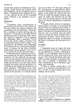 ras del efod: piedras recordatorio de los is-
raelitas. Aarón llevará sus nombres sobre
las hombreras, como recordatorio para el
Señor. 13 Mandarás hacer engastes de oro,
14 y dos cadenas de oro de ley, trenzadas
como cordones, y las sujetarás a los en-
gastes.
[B] Pectoral
(39,8-21)
15 »Mandarás hacer artísticamente el
pectoral del juicio de Dios, de la misma la-
bor que el efod: oro, púrpura violácea, roja
y escarlata y lino ﬁno reforzado. 16 Será do-
ble y cuadrado, un palmo de largo por uno
de ancho. 17 Colocarás en él cuatro ﬁlas de
piedras preciosas: en la primera ﬁla, carne-
lita, topacio y azabache; 18 en la segunda
ﬁla, esmeralda, zaﬁro y diamante; 19 en la
tercera ﬁla, jacinto, ágata y amatista; 20 en
la cuarta ﬁla, topacio, ónice y jaspe. 21 Las
guarniciones de pedrería irán engastadas
en monturas de oro. Llevará doce piedras,
como el número de las tribus israelitas.
Cada piedra llevará grabada, como un se-
llo, el nombre de una de las doce tribus.
22 »Mandarás hacer además para el pec-
toral cadenas de oro de ley, trenzadas como
cordones, 23 y dos anillas de oro que suje-
tarás a los dos extremos del pectoral. 24 Pa-
sarás los dos cordones de oro por las dos
anillas del pectoral, y los dos cabos de los
cordones los unirás a las dos monturas, 25 y
los ﬁjarás en las hombreras del efod, por la
parte delantera. 26 Mandarás hacer otras
dos anillas de oro y las colocarás en los dos
extremos del pectoral, en el borde interior
que toca el efod. 27 Y otras dos anillas de
oro, que ﬁjarás en el borde inferior y delan-
tera de las hombreras del efod, junto al em-
palme y más arriba del cinturón del efod.
28 Con un cordón de púrpura violácea suje-
tarán las anillas del pectoral con las del
efod, para que quede sobre el cinturón del
efod y no pueda desprenderse el pectoral
del efod.
29 »Cuando Aarón entre en el santuario,
llevará sobre su corazón, en el pectoral del
juicio de Dios, los nombres de las tribus is-
raelitas, como recordatorio perpetuo ante el
Señor. 30 Pondrás en el pectoral del juicio de
Dios los urim y los tumim, para que estén
sobre el corazón de Aarón cuando entre a
presentarse al Señor. Aarón llevará cons-
tantemente sobre el corazón, en presencia
del Señor, el dictamen de Dios para los is-
raelitas.
[C] Manto
(39,22-26)
31 »Mandarás hacer el manto del efod,
todo él de púrpura violácea. 32 Llevará arri-
ba una abertura en el centro, reforzada al-
rededor con un dobladillo como el que tie-
nen los chalecos de cuero, para que no se
rasgue. 33 En el borde del manto, todo alre-
dedor, pondrás granadas de púrpura violá-
cea, roja y escarlata, y alternando con
ellas, cascabeles de oro; 34 cascabel y gra-
nada, todo alrededor.
35 »Aarón lo vestirá cuando oﬁcie. Y al
entrar en el santuario a presentarse al Se-
ñor, y al salir, se oirá el tintineo de los cas-
cabeles: así no morirá.
fue una prenda exclusiva del sumo sacerdote; su for-
ma se asemeja a un chaleco o pequeño delantal que
se sostiene en el pecho por medio de dos tirantes (7)
y una especie de cíngulo (8). De ambos tirantes u
hombreras pendían, además, dos piedras preciosas
con los nombres de las doce tribus de Israel, seis en
cada una (9-11), recuerdo y símbolo de la presencia
de todo el pueblo en los actos del culto que presidía
el sumo sacerdote.
28,15-30 [B] Pectoral. Este complicado ornamen-
to, elaborado como el efod con todo tipo de mate-
riales preciosos, tiene como trasfondo histórico la
costumbre de los antiguos sacerdotes locales de llevar
una pequeña bolsa pendiente del cuello, en la cual
portaban los «urim» y «tumim», es decir, los «sí» y los
«no» también llamados «las suertes» (cfr. Nm 27,21;
Dt 33,8). Podría tratarse de pequeñas piezas de pie-
dra o de hueso que eran lanzadas por el sacerdote
como se lanzan los dados al ser consultado sobre al-
guna decisión. La respuesta dada era del Señor, así
que el sacerdote debía responder con los «urim» y
«tumim» aﬁrmativa o negativamente a la consulta. El
resultado era muy respetado por tratarse de un «sí» o
un «no» del mismo Dios (cfr. 1 Sm 28,6; Esd 2,63;
Neh 7,65). En la época del profetismo ya no se con-
sulta tanto al sacerdote sino al profeta, por eso aquí
no se entra en detalles sobre la elaboración de los
«urim» y «tumim», y quedarán prácticamente reem-
plazados por dos piedras grabadas con los nombres
de las doce tribus de Israel. Así, un instrumento que
originariamente fue oracular se transforma en un sun-
tuoso ornamento cultual.
28,31-43 [C] Manto – [D] Flor de oro – [E] Otros
vestidos. Completan las vestiduras sacerdotales un
ÉXODO 28 132
 