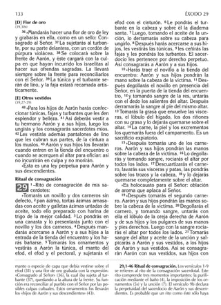 [D] Flor de oro
(39,30s)
36 »Mandarás hacer una ﬂor de oro de ley
y grabarás en ella, como en un sello: Con-
sagrado al Señor. 37 La sujetarás al turban-
te, por su parte delantera, con un cordón de
púrpura violácea. 38 Se colocará sobre la
frente de Aarón, y éste cargará con la cul-
pa en que hayan incurrido los israelitas al
hacer sus ofrendas sagradas. La llevará
siempre sobre la frente para reconciliarlos
con el Señor. 39 La túnica y el turbante se-
rán de lino, y la faja estará recamada artís-
ticamente.
[E] Otros vestidos
(39,27-29)
40 »Para los hijos de Aarón harás confec-
cionar túnicas, fajas y turbantes que les den
esplendor y belleza. 41 Así deberás vestir a
tu hermano Aarón y a sus hijos, luego los
ungirás y los consagrarás sacerdotes míos.
42 Les vestirás además pantalones de lino
que les cubran sus partes, de la cintura a
los muslos. 43 Aarón y sus hijos los llevarán
cuando entren en la tienda del encuentro o
cuando se acerquen al altar para oﬁciar: así
no incurrirán en culpa y no morirán.
»Ésta es una ley perpetua para Aarón y
sus descendientes.
Ritual de consagración
1 –Rito de consagración de mis sa-
cerdotes:
»Tomarás un novillo y dos carneros sin
defecto, 2 pan ázimo, tortas ázimas amasa-
das con aceite y galletas ázimas untadas de
aceite, todo ello preparado con harina de
trigo de la mejor calidad. 3 Lo pondrás en
una canasta y lo presentarás junto con el
novillo y los dos carneros. 4 Después man-
darás acercarse a Aarón y a sus hijos a la
entrada de la tienda del encuentro y los ha-
rás bañarse. 5 Tomarás los ornamentos y
vestirás a Aarón la túnica, el manto del
efod, el efod y el pectoral, y sujetarás el
29
efod con el cinturón. 6 Le pondrás el tur-
bante en la cabeza y sobre él la diadema
santa. 7 Luego, tomando el aceite de la un-
ción, lo derramarás sobre su cabeza para
ungirlo. 8 Después harás acercarse a sus hi-
jos, les vestirás las túnicas, 9 les ceñirás las
fajas y les pondrás los turbantes. El sacer-
docio les pertenece por derecho perpetuo.
Así consagrarás a Aarón y a sus hijos.
10 »Harás traer el novillo a la tienda del
encuentro: Aarón y sus hijos pondrán la
mano sobre la cabeza de la víctima. 11 Des-
pués degollarás el novillo en presencia del
Señor, en la puerta de la tienda del encuen-
tro, 12 y tomando sangre de la res, untarás
con el dedo los salientes del altar. Después
derramarás la sangre al pie del mismo altar.
13 Tomarás la grasa que envuelve las vísce-
ras, el lóbulo del hígado, los dos riñones
con su grasa y lo dejarás quemarse sobre el
altar. 14 La carne, la piel y los excrementos
los quemarás fuera del campamento. Es un
sacriﬁcio expiatorio.
15 »Después tomarás uno de los carne-
ros. Aarón y sus hijos pondrán las manos
sobre la cabeza de la víctima. 16 Lo degolla-
rás y tomando sangre, rociarás el altar por
todos los lados. 17 Descuartizarás el carne-
ro, lavarás sus vísceras y patas, las pondrás
sobre los trozos y la cabeza, 18 y lo dejarás
quemarse completamente sobre el altar.
»Es holocausto para el Señor: oblación
de aroma que aplaca al Señor.
19 »Después tomarás el segundo carne-
ro. Aarón y sus hijos pondrán las manos so-
bre la cabeza de la víctima. 20 Degollarás el
carnero, y tomando sangre, untarás con
ella el lóbulo de la oreja derecha de Aarón
y de sus hijos y los pulgares de sus manos
y pies derechos. Luego con la sangre rocia-
rás el altar por todos los lados. 21 Tomarás
sangre del altar y aceite de la unción y sal-
picarás a Aarón y sus vestidos, a los hijos
de Aarón y sus vestidos. Así se consagra-
rán Aarón con sus vestidos, sus hijos con
manto o especie de capa que debía vestirse sobre el
efod (31) y una ﬂor de oro grabada con la expresión:
«Consagrado al Señor» (36), la cual iba sujeta al tur-
bante (37), quedando a la altura de la frente. Su fun-
ción era reconciliar al pueblo con el Señor por las po-
sibles culpas cultuales. Estos ornamentos los llevarán
los «hijos de Aarón y sus descendientes» (43).
29,1-46 Ritual de consagración. Los versículos 1-9
se reﬁeren al rito de la consagración sacerdotal. Este
rito comprende tres momentos importantes: la puriﬁ-
cación mediante el baño (4), la imposición de los or-
namentos (5s) y la unción (7). El versículo 9b declara
la perpetuidad del sacerdocio de Aarón y sus descen-
dientes. Es probable que un rito como éste sólo haya
133 ÉXODO 29
 
