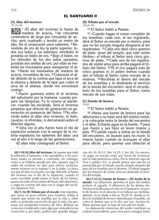 [A] Altar del incienso
(37,25-28)
1 –El altar del incienso lo harás de
madera de acacia, 2 de cincuenta
centímetros de largo por cincuenta de an-
cho; será cuadrado y tendrá un metro de
alto. De él arrancarán unos salientes. 3 Re-
vestirás de oro de ley la parte superior, to-
dos sus lados y los salientes; alrededor le
pondrás un listón de oro. 4 Bajo el listón, en
los rebordes de los dos lados opuestos,
pondrás dos anillas de oro; por ellas se me-
terán los travesaños para transportar el al-
tar. 5 Harás los travesaños de madera de
acacia, revestidos de oro. 6 Colocarás el al-
tar delante de la cortina que tapa el arca de
la alianza y delante de la tapa que cubre el
arca de la alianza, donde me encontraré
contigo.
7 »Aarón quemará sobre él el incienso
del sahumerio por la mañana, cuando pre-
pare las lámparas, 8 y lo mismo al atarde-
cer, cuando las encienda. Será el incienso
perpetuo que ofrecen de generación en ge-
neración en presencia del Señor. 9 No ofre-
cerán sobre el altar otro incienso, ni holo-
caustos, ni ofrendas, ni derramarán sobre él
libación alguna.
10 »Una vez al año Aarón hará el rito de
expiación untando con la sangre de la víc-
tima expiatoria los salientes del altar; una
vez al año a lo largo de las generaciones.
»El altar está consagrado al Señor.
30
[B] Tributo por el rescate
(38,26-28)
11 El Señor habló a Moisés:
12 –Cuando hagas el censo completo de
los israelitas, cada uno, al ser registrado,
dará al Señor un rescate por sí mismo, para
que no les suceda ninguna desgracia al ser
registrados. 13 Cada uno dará cinco gramos
de plata –peso del templo, que vale veinte
óbolos–: el tributo al Señor será cinco gra-
mos de plata. 14 Cada uno de los registra-
dos de veinte años para arriba pagará el tri-
buto del Señor. 15 Ni el rico pagará más de
cinco gramos ni el pobre menos cuando
den el tributo al Señor como rescate de sí
mismos. 16 Recibirás el dinero del rescate
de los israelitas y lo destinarás al servicio
de la tienda del encuentro: será el recorda-
torio de los israelitas para el Señor, como
rescate de sus vidas.
[C] Fuente de bronce
(38,8)
17 El Señor habló a Moisés:
18 –Harás una fuente de bronce para las
abluciones y su base será del mismo metal,
y la colocarás entre la tienda del encuentro
y el altar. Echarás agua en la fuente, 19 para
que Aarón y sus hijos se laven manos y
pies. 20 Cuando vayan a entrar en la tienda
del encuentro, se lavarán para no morir; lo
mismo harán cuando se acerquen al altar
para oﬁciar, para quemar una oblación al
30,1-10 [A] Altar del incienso. Se supone que todo
lo referente al Santuario, a los sacerdotes y a los sacri-
ﬁcios estaba ya previsto y concluido; sin embargo,
como si se hubiera pasado por alto, aparece aquí la
orden de construir un altar para ofrecer exclusiva-
mente incienso en la mañana y en la tarde. La única
vez que el altar era tocado con algo diferente al humo
del incienso era el día de la expiación, cuando el
sumo sacerdote podía entrar al Santo de los Santos,
quizás envuelto en la cortina del humo del sahumerio,
y ungía los cuernos del altar con la sangre del sacriﬁ-
cio expiatorio (10).
30,11-16 [B] Tributo por el rescate. Este mandato,
que suena un poco extraño para nosotros, reﬂeja el
respeto que tenían los israelitas por la vida y, sobre
todo, su profunda convicción de que la vida y las per-
sonas son propiedad exclusiva de Dios. Realizar un
censo era considerado como algo que contradecía esa
convicción y, por tanto, podría traer grandes desgra-
cias (cfr. Éx 30,12; Nm 14,29; 2 Sm 24). Era necesa-
rio pagar un rescate como una forma de reconocer
que la vida pertenecía a Dios. Por la mención aquí de
ricos y pobres (15), se puede pensar que esta ley es
promovida por el templo mucho tiempo después del
paso de los israelitas por el desierto. El tributo pagado
por los mayores de veinte años era destinado al servi-
cio del templo.
30,17-33 [C] Fuente de bronce – [D] Aceite de la
unción. Las abluciones permiten el paso del ámbito
profano al sagrado. A diferencia de los demás ele-
mentos incluidos para el culto en el Santuario, la fuen-
te de bronce no es descrita ni se indican sus medidas;
además, no se alude a ella en 38,29-31, donde se in-
dica la cantidad de bronce obtenida por el pueblo, así
como el destino que se le dio; por eso, muchos bi-
blistas piensan que se trata de una adición tardía.
La elaboración minuciosa del aceite maniﬁesta su
carácter trascendente, pues sirve para consagrar todos
135 ÉXODO 30
EL SANTUARIO II
 