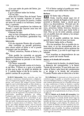 –¡Los que estén de parte del Señor, jún-
tense conmigo!
Y se le juntaron todos los levitas.
27 Él les dijo:
–Esto dice el Señor Dios de Israel: Tome
cada uno la espada; regresen al campa-
mento, vayan de puerta en puerta y maten
sin tener en cuenta si es hermano, compa-
ñero, o pariente.
28 Los levitas cumplieron las órdenes de
Moisés, y aquel día cayeron unos tres mil
hombres del pueblo.
29 Moisés les dijo:
–Hoy se han consagrado al Señor, a cos-
ta del hijo o del hermano, ganándose hoy
su bendición.
Intercesión
30 Al día siguiente Moisés dijo al pueblo:
–Han cometido un pecado gravísimo;
pero ahora subiré al Señor a ver si puedo
conseguir que los perdone.
31 Volvió, entonces, Moisés al Señor y le
dijo:
–Este pueblo ha cometido un pecado
gravísimo haciéndose dioses de oro. 32 Pero
ahora, o perdonas su pecado o me borras
de tu registro.
33 El Señor respondió:
–Al que haya pecado contra mí lo borra-
ré del libro. 34 Ahora ve y guía a tu pueblo
al sitio que te dije: mi ángel irá delante de
ti. Y cuando llegue el día de la cuenta, les
pediré cuentas de su pecado.
35 Y el Señor castigó al pueblo por vene-
rar el ternero que había hecho Aarón.
Rechazo
1 El Señor dijo a Moisés:
–Anda, marcha desde aquí con el
pueblo que sacaste de Egipto a la tierra que
prometí a Abrahán, Isaac y Jacob que le
daría a su descendencia. 2 Enviaré por de-
lante mi ángel para que expulse a cana-
neos, amorreos, hititas, fereceos, heveos y
jebuseos; 3 a una tierra que mana leche y
miel. Pero yo no iré entre ustedes, porque
son un pueblo duro de cabeza y los aniqui-
laría en el camino.
4 Al oír el pueblo palabras tan duras,
guardó luto y nadie se puso sus joyas.
5 El Señor había dicho a Moisés:
–Di a los israelitas: Son un pueblo de ca-
beza dura; si yo los acompañara sólo un
momento los aniquilaría; ahora quítense las
joyas que llevan, y ya veré lo que hago con
ustedes.
6 Los israelitas se desprendieron de sus
joyas a partir del monte Horeb.
Moisés en la tienda del encuentro
(34,29-35)
7 Moisés tomó la tienda y la plantó fuera,
a distancia del campamento, y la llamó:
Tienda del encuentro. El que tenía que con-
sultar al Señor, salía fuera del campamento
y se dirigía a la tienda del encuentro.
8 Cuando Moisés salía en dirección a la tien-
33
32,30-35 Intercesión. Estos versículos, que han
dado pie a numerosas interpretaciones y adaptacio-
nes a la imaginación popular, reflejan una manera de
pensar, una creencia del antiguo Cercano Oriente
según la cual, la divinidad poseía un libro donde es-
taban inscritos los nombres de sus militantes. Israel
no es ajeno a esta creencia que adapta a su manera
de pensar. Nótese, por ejemplo, que cuando se ha-
cía algún censo en Israel se pagaba un rescate, se re-
alizaba un rito de expiación y los nombres de los em-
padronados quedaban grabados en tablas.
Cualquiera que fuera «borrado de las tablas» –o del
libro– quedaba separado de la comunidad, lo que
significaba quedar definitivamente muerto. Aquí no
hay, por tanto, fundamento para basar doctrina algu-
na sobre la muerte eterna o el infierno. Todo el ca-
pítulo, que refleja distintas fuentes, está en función
de ilustrar la idea teológica de la renovación de la
Alianza, cuyos elementos son: 1. Pecado, por lo ge-
neral de apostasía. 2. Castigo. 3. Arrepentimiento. 4.
Restauración.
33,1-6 Rechazo. Es interesante ver cómo se narra la
conciencia que el pueblo va tomando respecto a la
necesaria ﬁdelidad al Señor y a dejarse guiar por Él. En
este contexto del ternero de oro, el pueblo asume que
en estas condiciones el Señor se resistirá a caminar
con ellos, y por eso pone en boca del mismo Dios la
decisión de no hacerlo (3). Dada la condición frágil de
su conciencia, saben que el Señor podría aniquilarlos.
La expresión del arrepentimiento es el luto y el no lu-
cir galas (5).
33,7-11 Moisés en la tienda del encuentro. Esta
breve escena recoge diversas tradiciones sobre la tra-
vesía del desierto y la tienda donde tenían lugar los
diálogos de Dios con Moisés. Se trata de transmitir la
teofanía del Sinaí con todo lo que ella representa: el
don del «decálogo» y de la Alianza. El contacto amis-
toso e íntimo de Moisés con Dios mantiene una con-
tinuidad que se convierte en una especie de proceso
pedagógico para el pueblo. Se subraya el profundo
respeto y la veneración del pueblo hacia Moisés y ha-
cia el lugar del encuentro.
139 ÉXODO 33
 